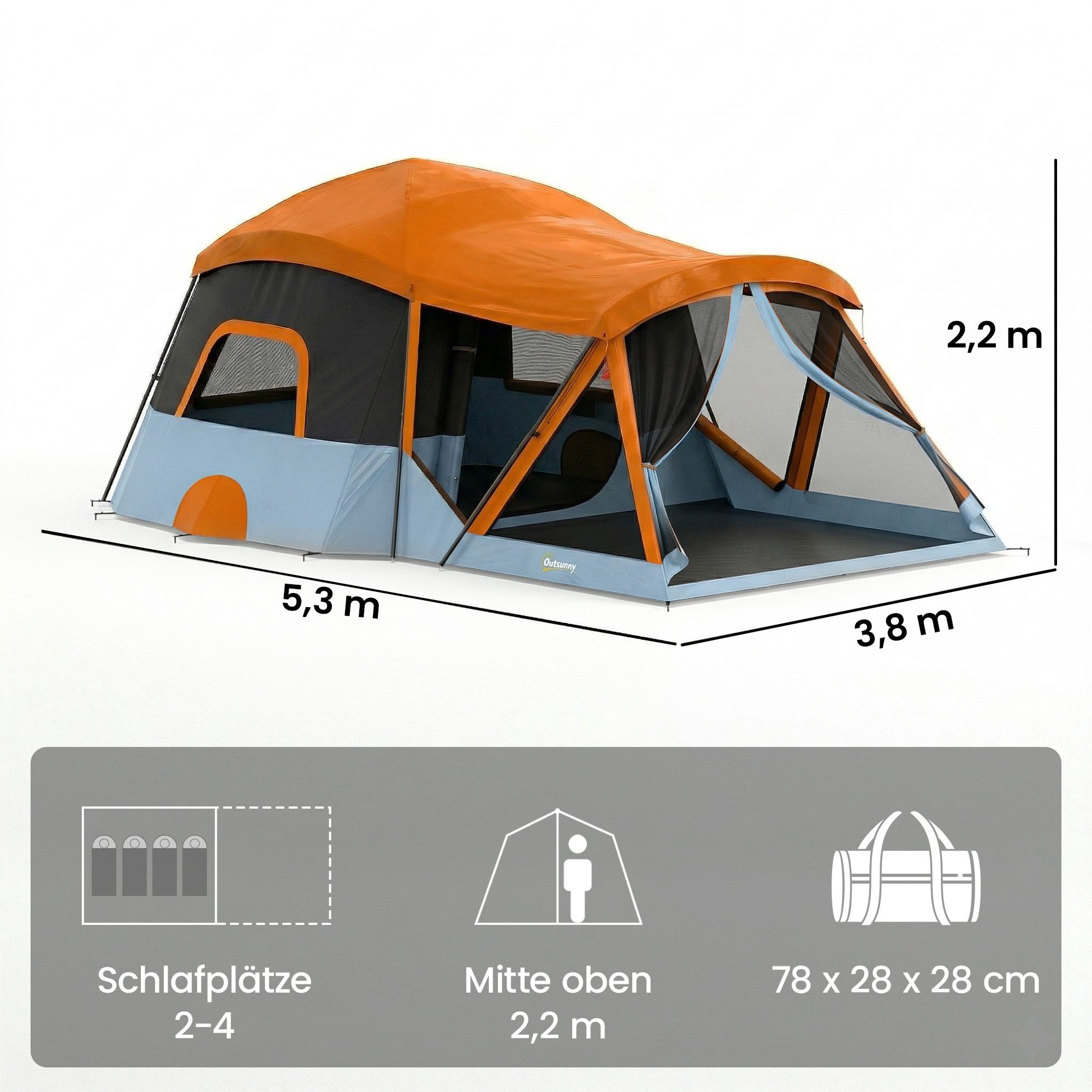 Outsunny Kuppelzelt mit Schlaf- und Wohnzimmer, Dachfenstern, Bodenplane, Stehhöhe, Personen: 4 (Tunnelzelt, 1 tlg., Familienzelt), für Cmping Orange+Blau