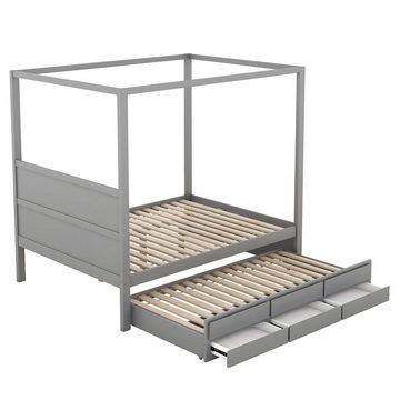 DOPWii Bett 140x200cm Himmelbett mit ausziehbarem Einzelbett,drei Ablagefächern, Holzbett,Palettenbett,Grau/Weiss