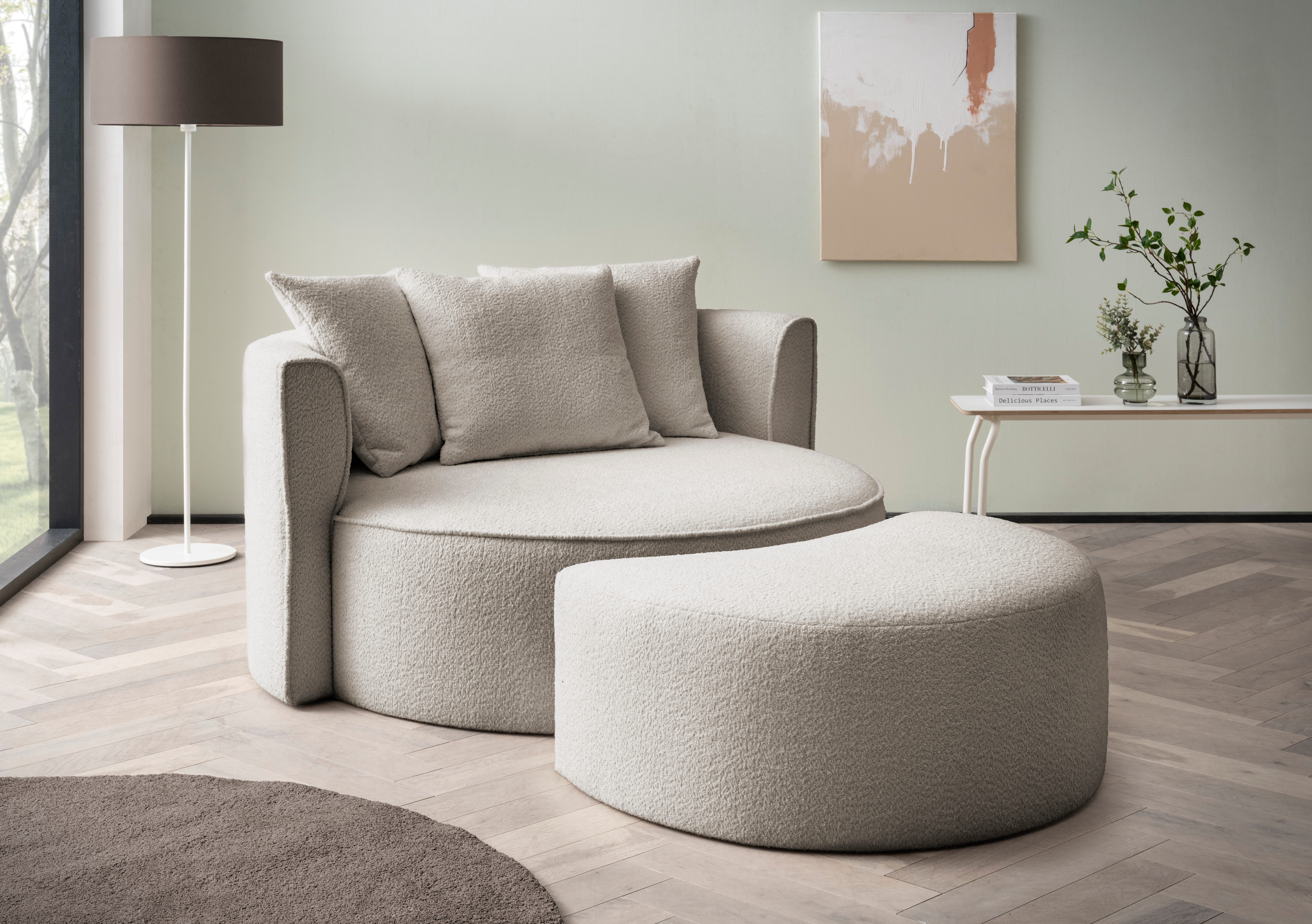 LeGer Home by Lena Gercke XXL-Sessel ISALIE, Rundsessel mit Hocker, Lesesessel, Loveseat, Big-Sessel (Set), trendige Stoffe, 3 Zierkissen, große Sitzfläche, Cord, Samt, Bouclé