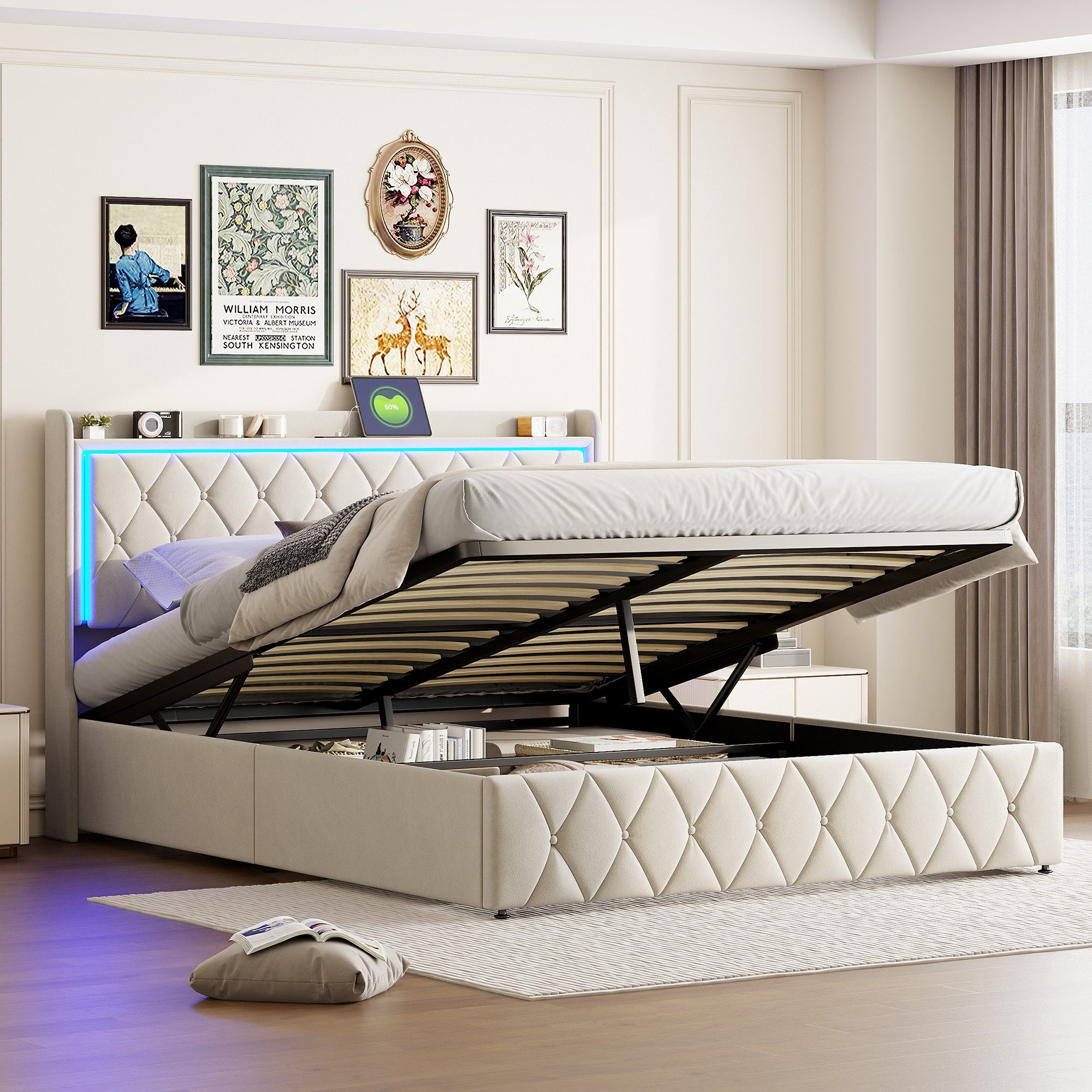 ADWOLT Polsterbett LED Hydraulisch Doppelbett Jugendbett (Set, 1-tlg., 140x200cm Stauraumbett), Mit LED-Beleuchtung und Ladefunktion,Samt,Beige