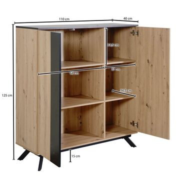 Wohnling Highboard WL6.666 (110x125x40 cm MDF Eiche-Optik / Schwarz, Kommode), Sideboard Anrichte Modern, Standschrank 2 Türen