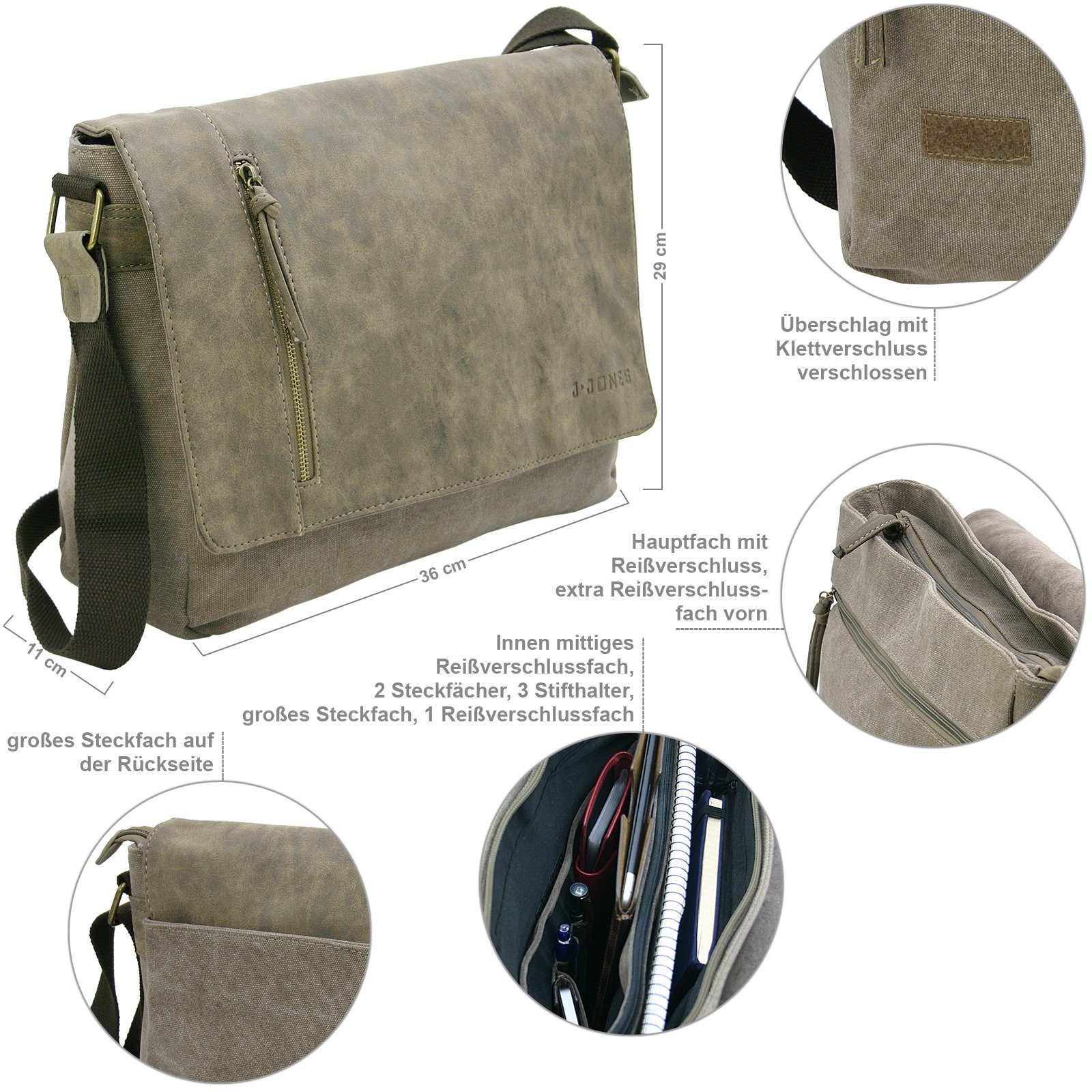 J JONES JENNIFER JONES Schultertasche Umhängetasche aus Canvas - Messenger günstig online kaufen