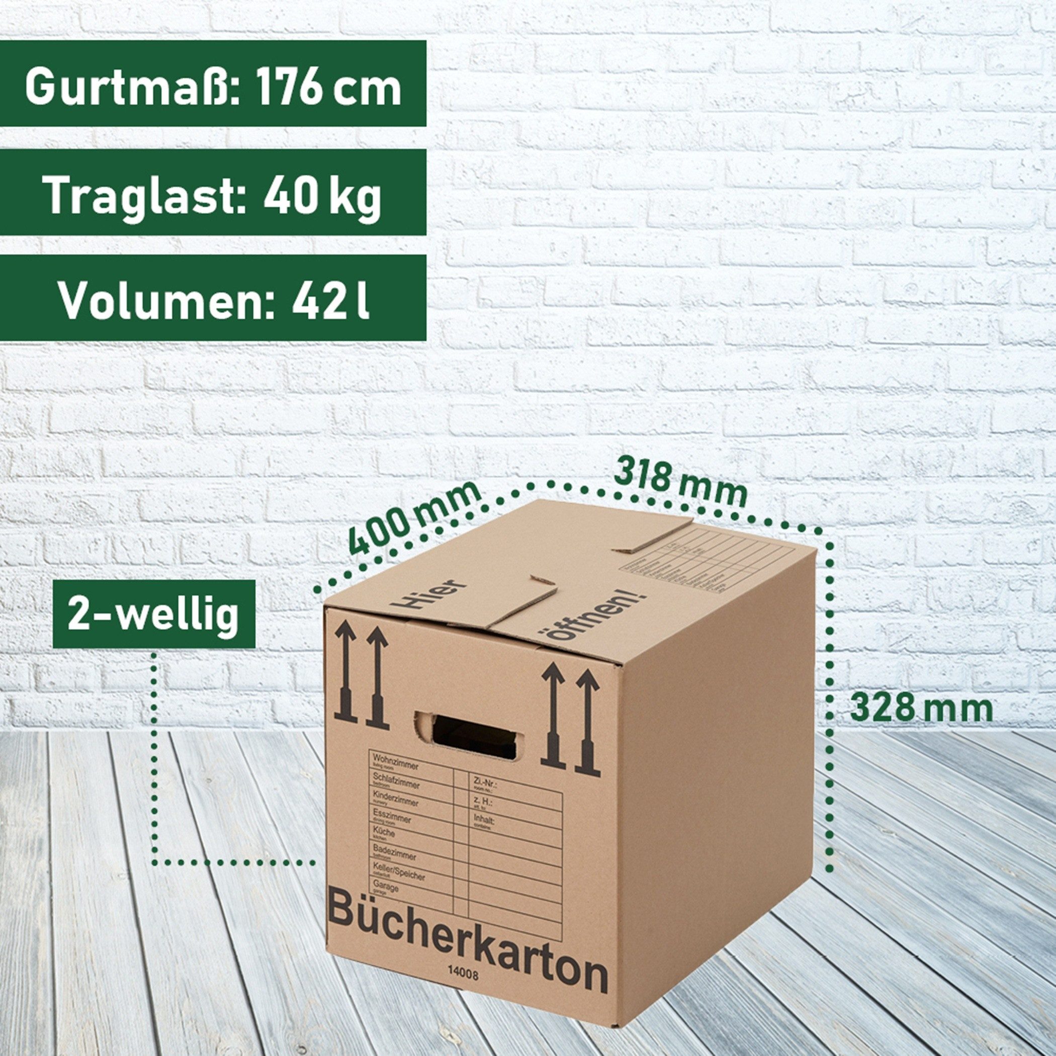 BB-Verpackungen Umzugskarton Bücherkarton Compact, 2-wellig, 40kg Traglast, 400 mm x 318 mm x 328 mm