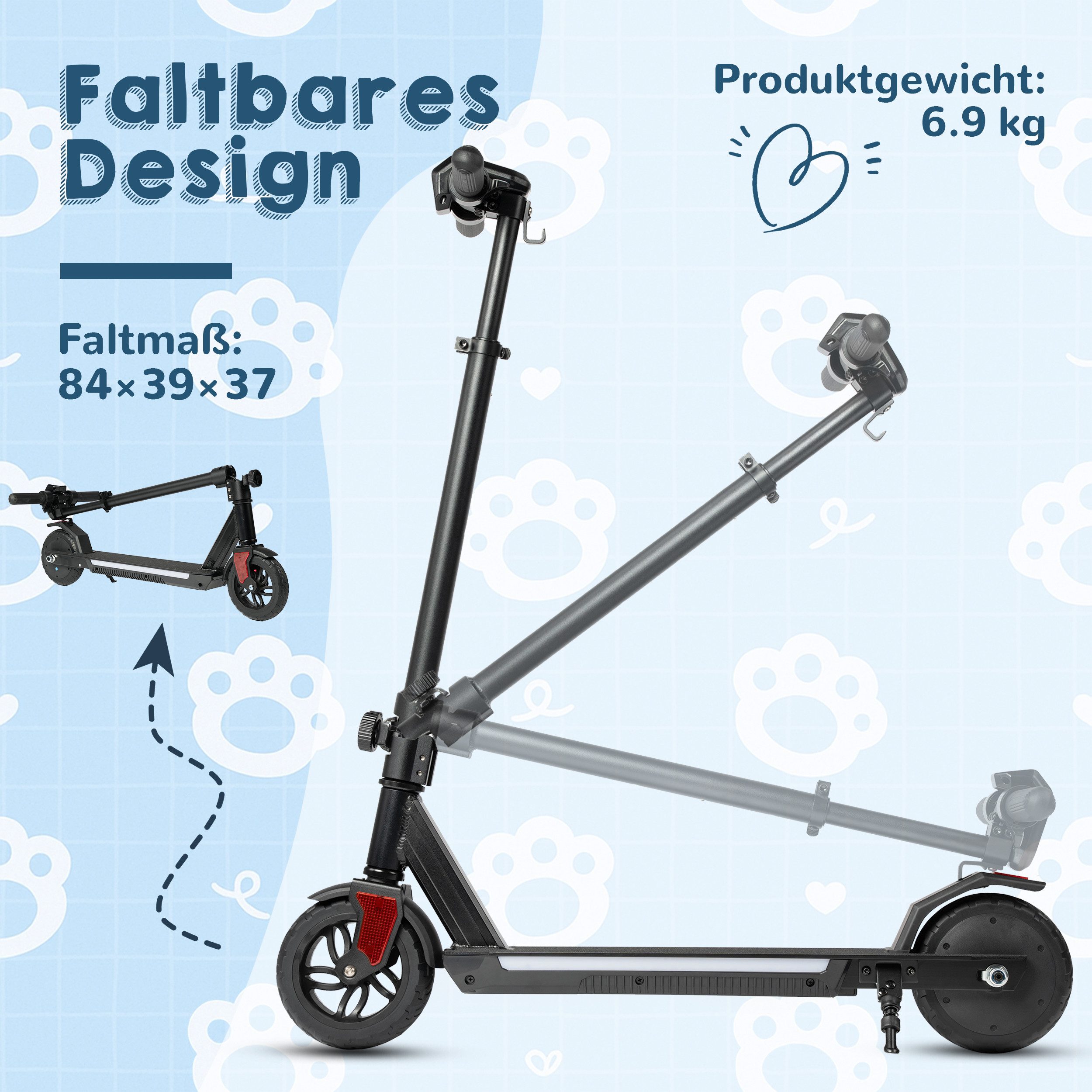 Vankel Elektro-Kinderroller ab 10 Jahre, E Scooter für Kinder, 12-15km, klappbar, Cityroller, 14km/h, EBS&Fußbremse, LED-Streifen, höhenverstellbar