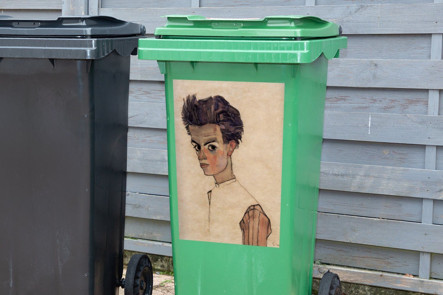 Abfalbehälter Hemd Mülltonne, gestreiftem St), Sticker, Container, Egon mit (1 Schiele MuchoWow Wandsticker - Selbstporträt Mülleimer-aufkleber,
