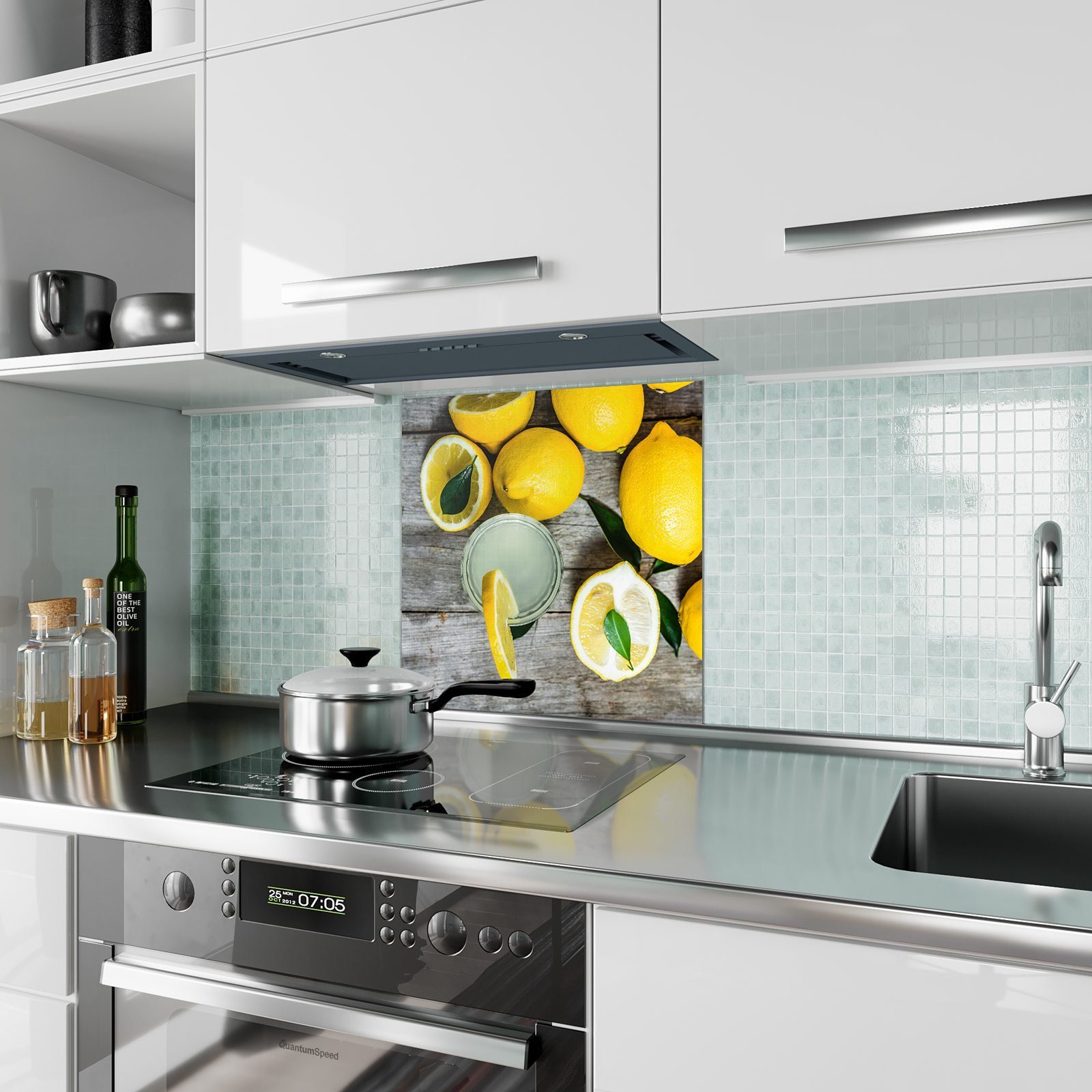 Küchenrückwand Küchenrückwand Spritzschutz Motiv mit ganz und Zitronen halb Primedeco Glas