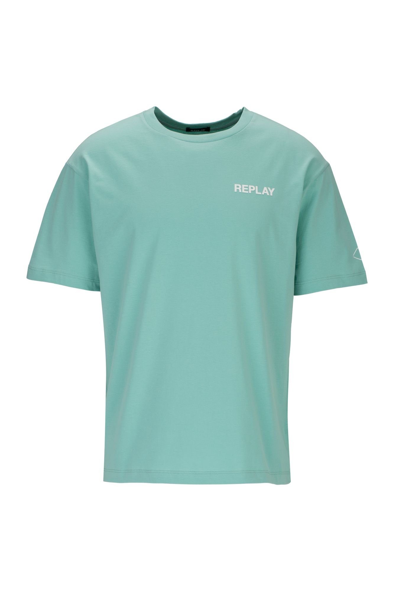mit Rundhalsshirt T-Shirt Replay Green Logoschriftzug Jade 189