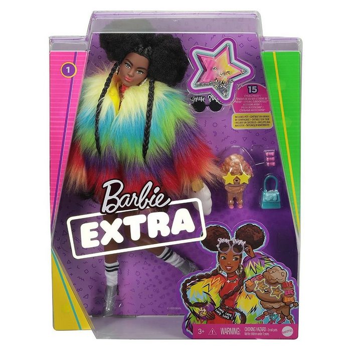 Mattel® Anziehpuppe Mattel GVR04 - Barbie - Extra - Puppe mit Regenbogen-Mantel und Pudel