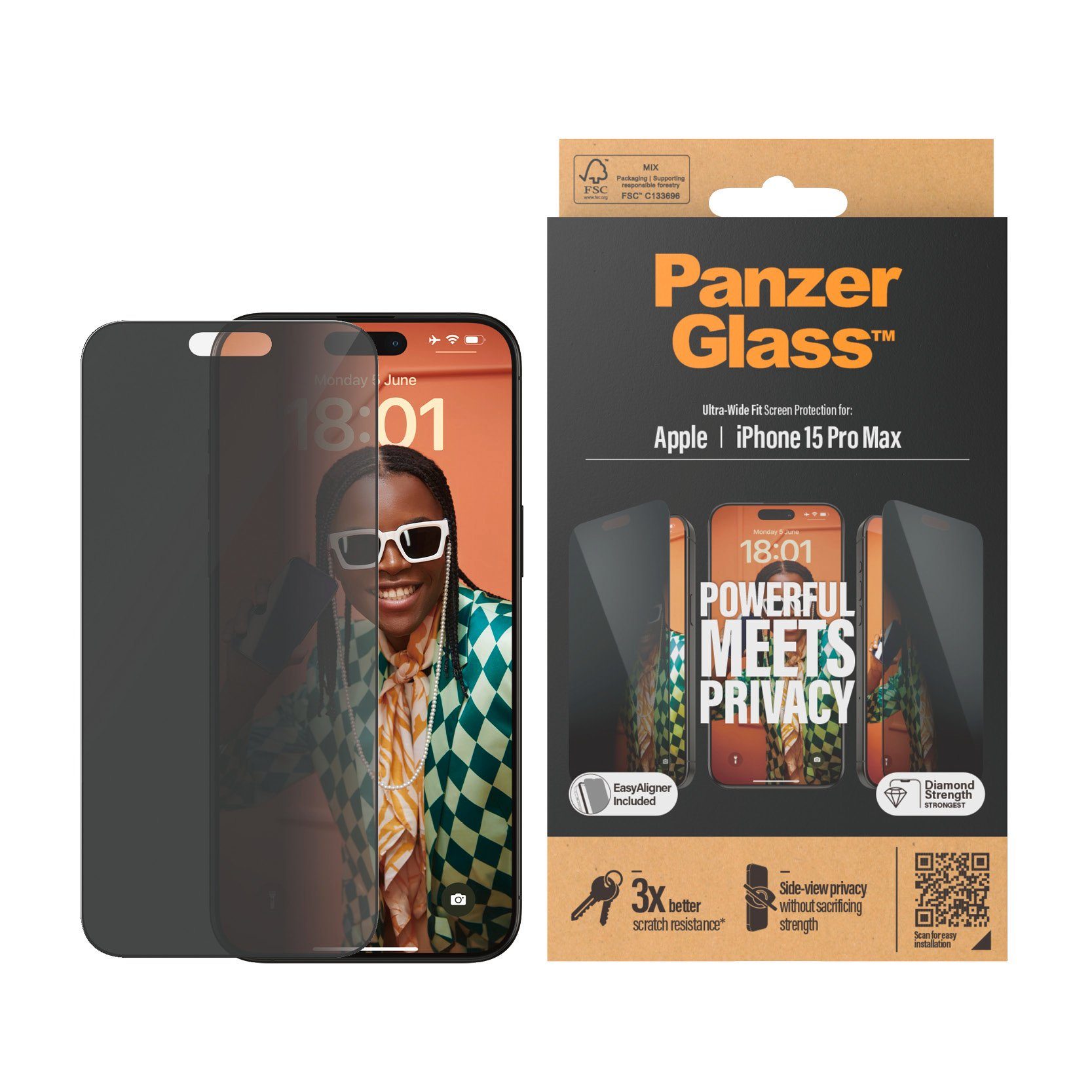 PanzerGlass Displayschutzglas Privacy Screen Protector Glass für iPhone 15 Pro Max, Ultra Wide Fit