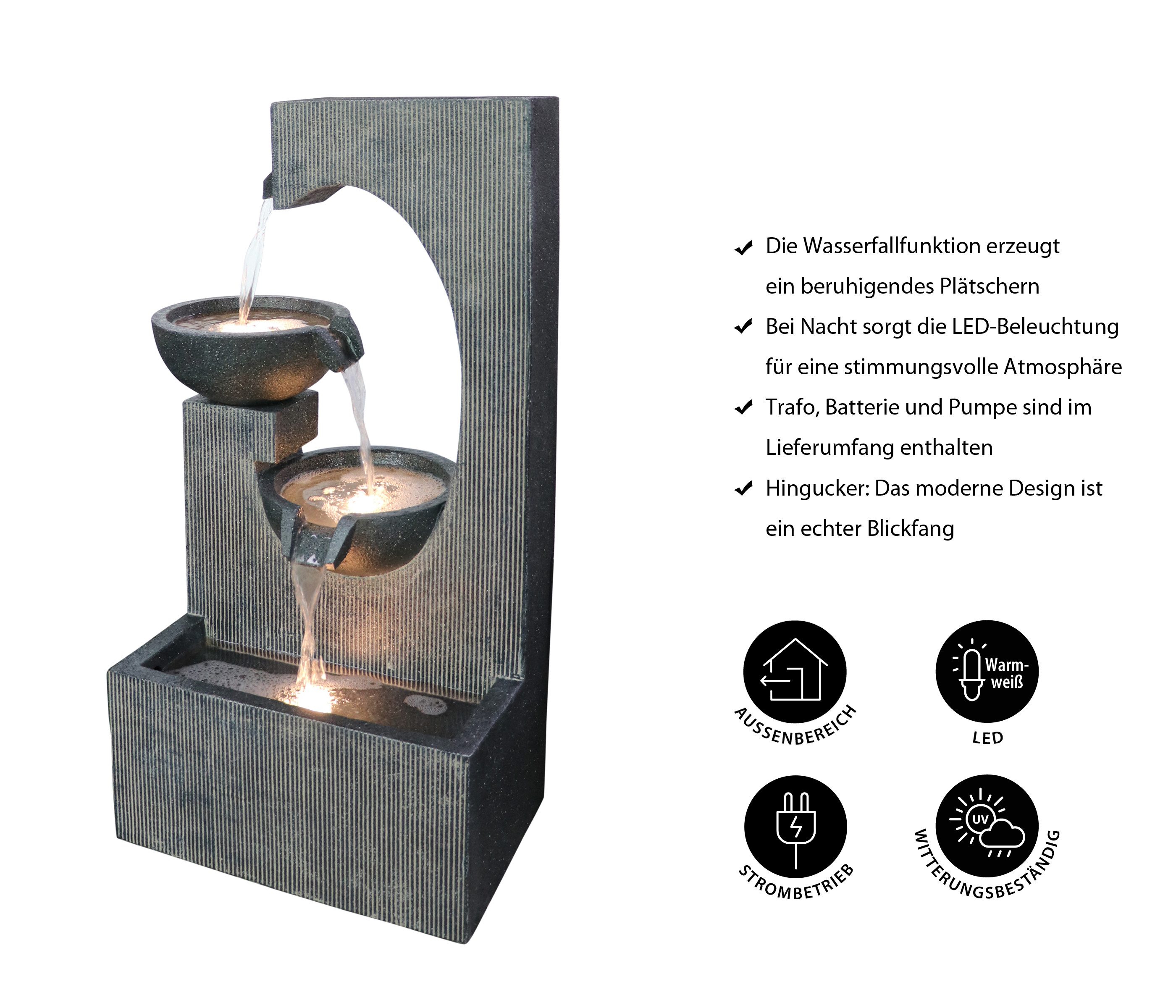 Dehner Gartenbrunnen Lorca, mit warmweißer LED-Beleuchtung, ca. 45 x 81 x 32 cm, Polyresin, 45 cm Breite, moderner Outdoor-Brunnen im Komplettset inkl. Pumpe und Trafo