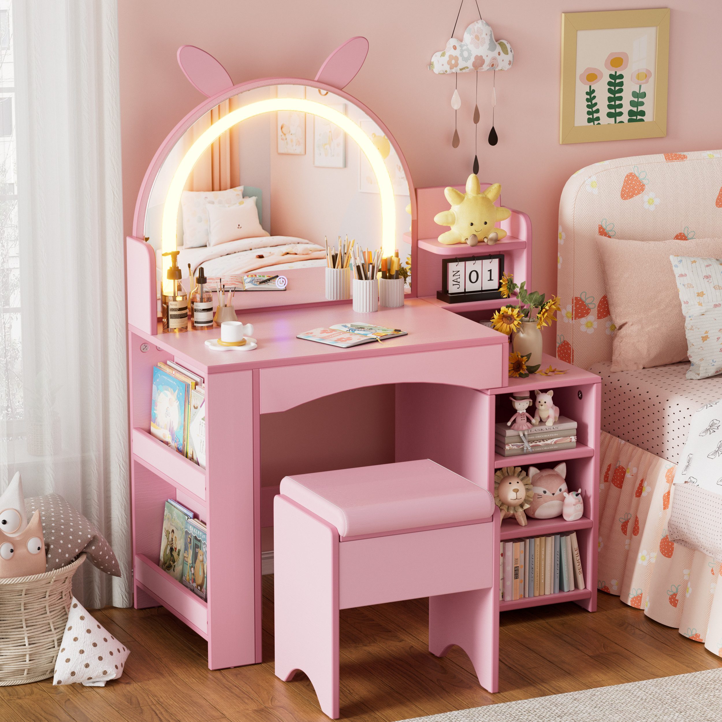 TWSOUL Schminktisch Kinder Schminktisch & Schreibtisch 3-in-1 mit LED-Spiegel, Hocker, Rosa Spiel- & Lerntisch mit viel Stauraum