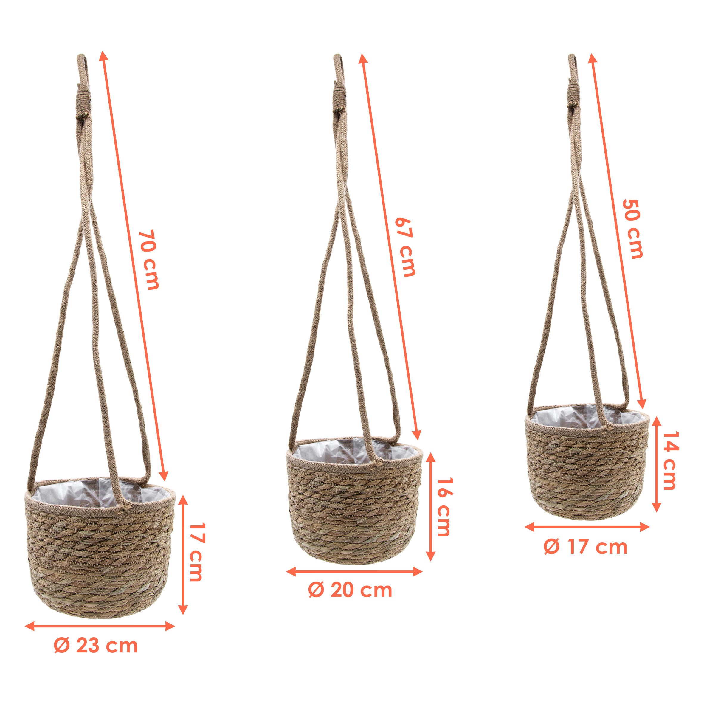 Spetebo Übertopf Seegras Blumenampel 3er Set natur 23 / 20 / 17 cm