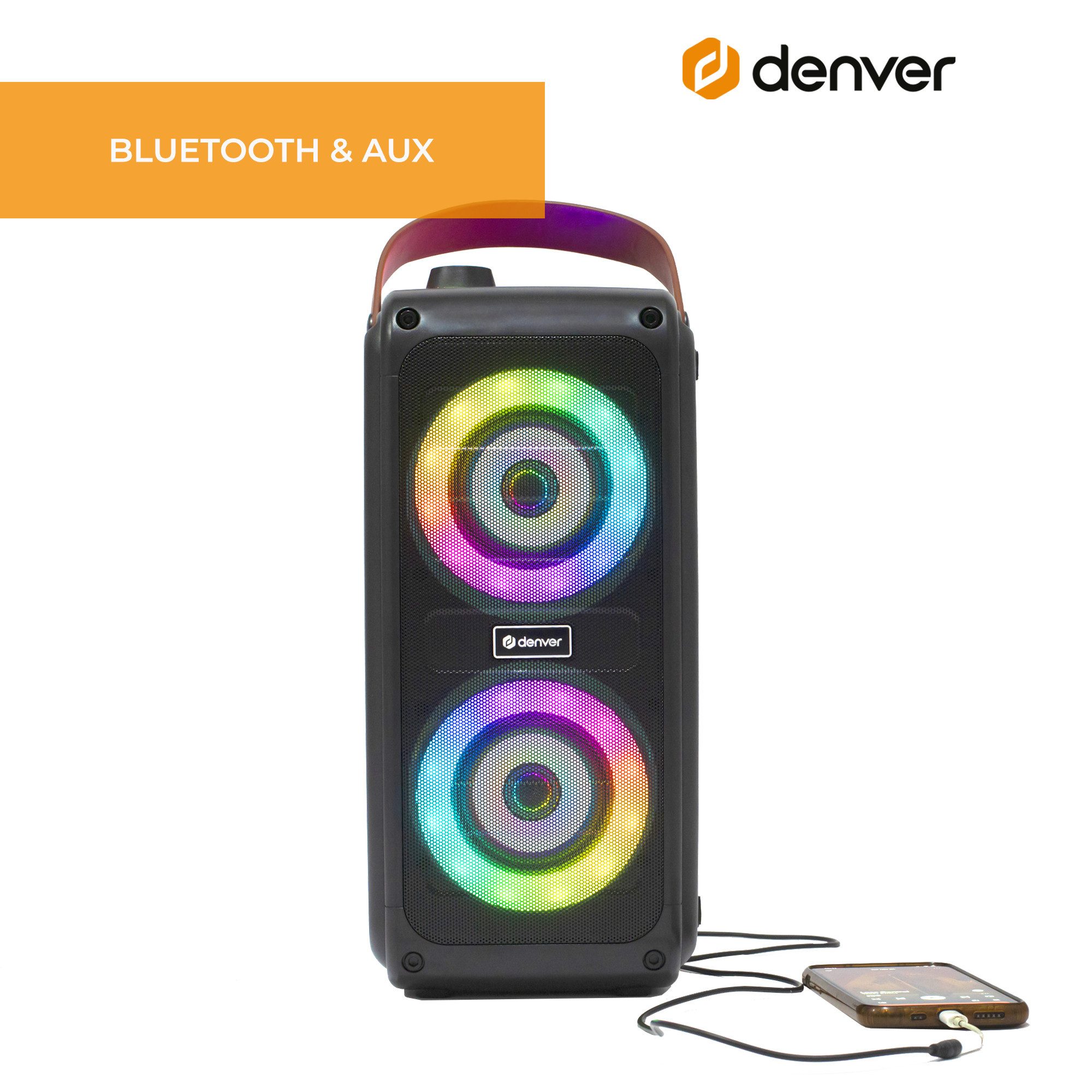 Denver BTV-230 Bluetooth-Speaker (100 W, 10m Bluetooth- Reichweite, LED Lichteffekte, Karaoke-Option)
