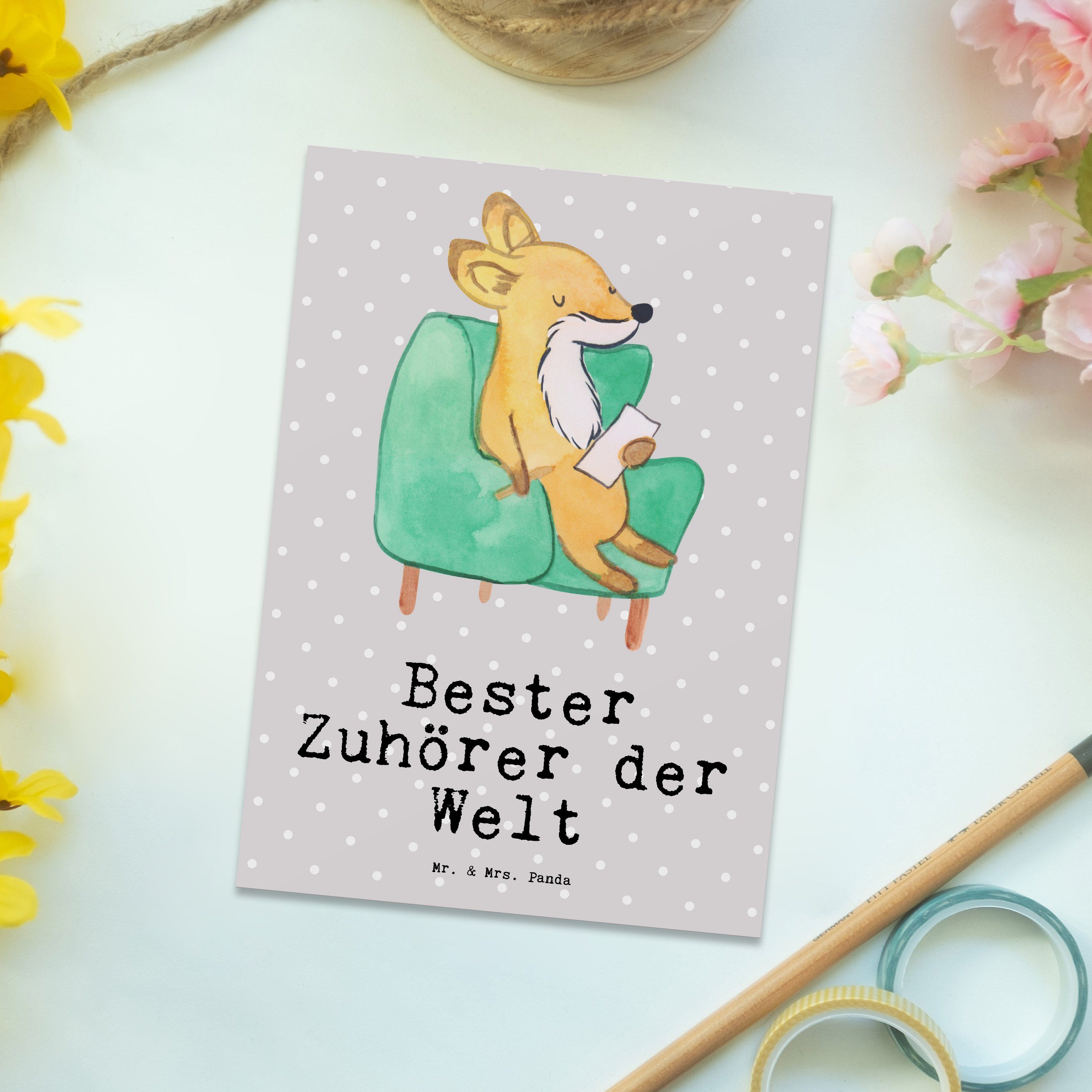 Welt Panda Postkarte & Fuchs Zuhörer Danke Mr. der für, - Mrs. Grau Pastell Geschenk, - Bester