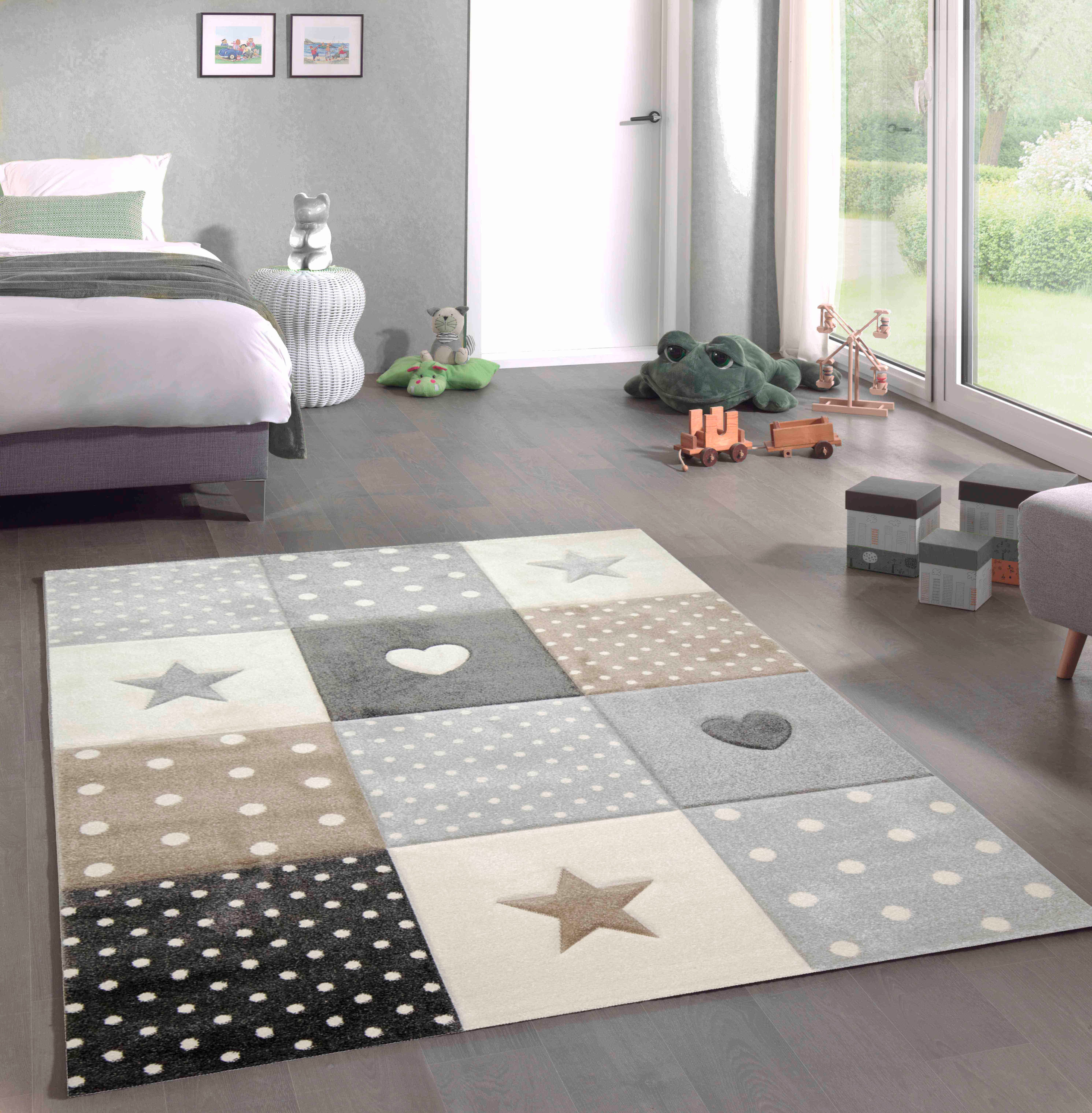 Carpetia Kinderteppich Kinderteppich Kinderzimmer Punkte Herz Stern Design braun beige grau, rechteckig, Höhe: 13 mm