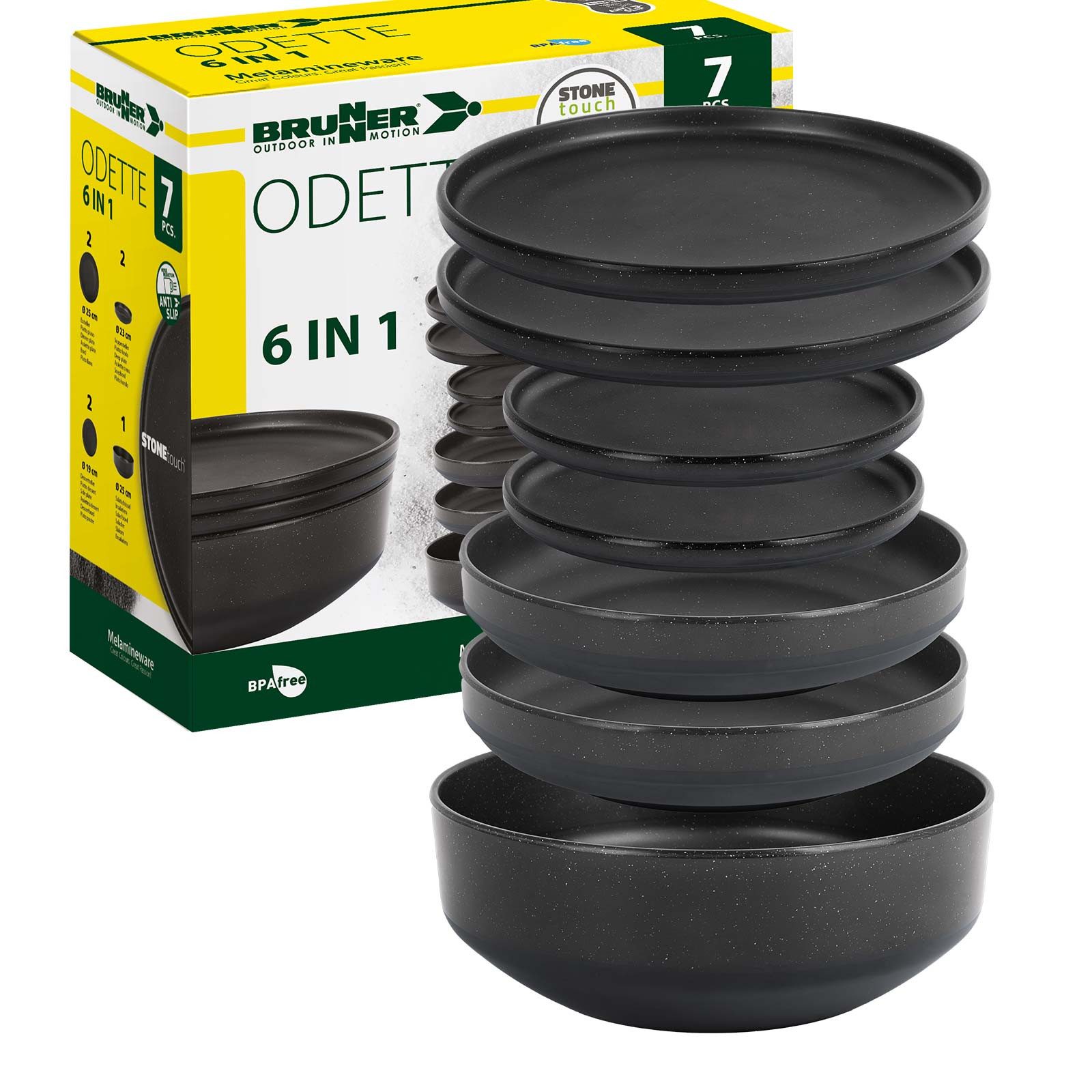 BRUNNER Geschirr-Set BRUNNER Camping Geschirrset ODETTE (7, 12, 16-tlg) BLACK AntiSlip (7-tlg)