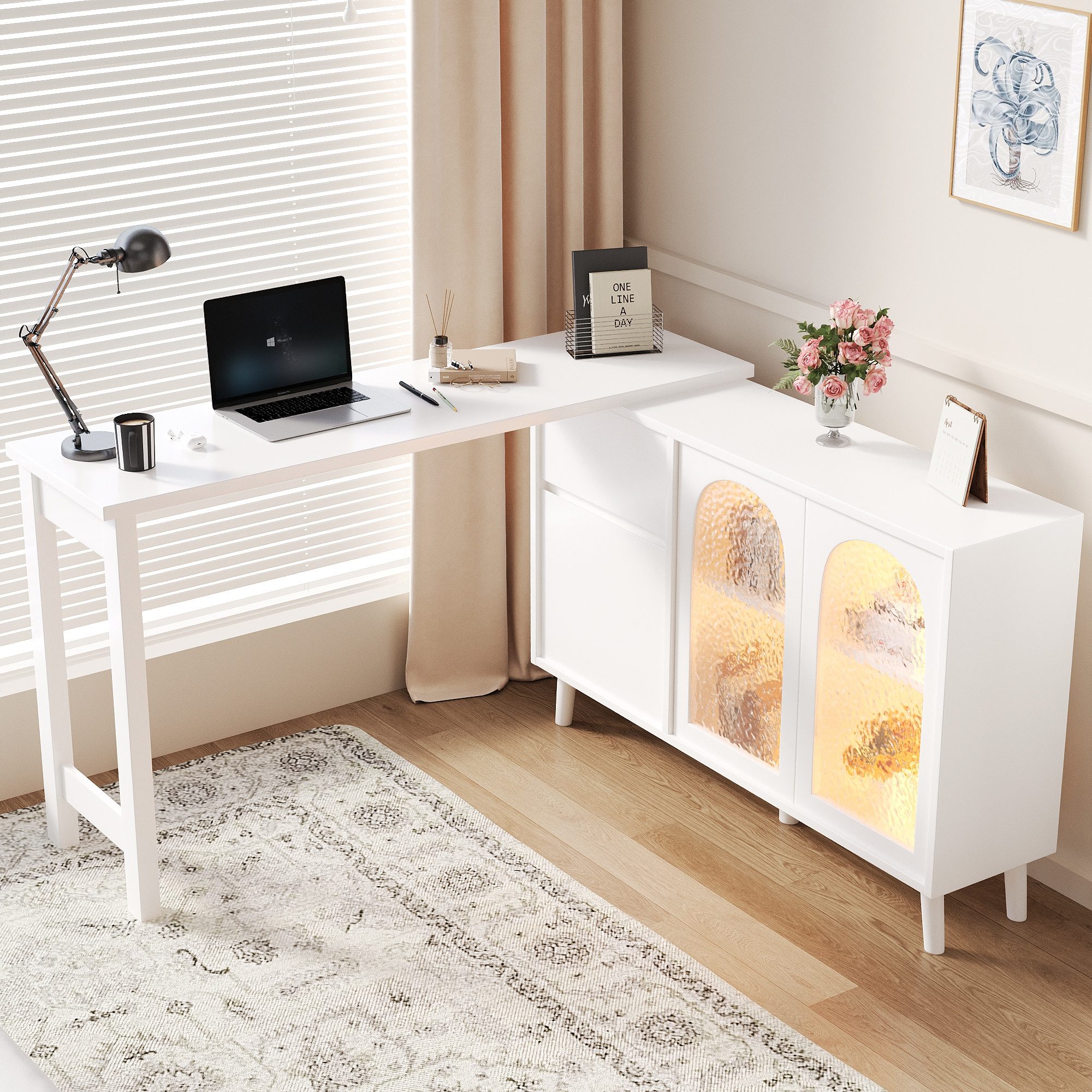 REDOM Eckschreibtisch 360° drehbarer Tisch, mit LED-Acrylvitrine (Sideboard, 1-St., 2-in-1 Sideboard und Arbeitsplatte), mit Acryltür, Ölgemälde Textur