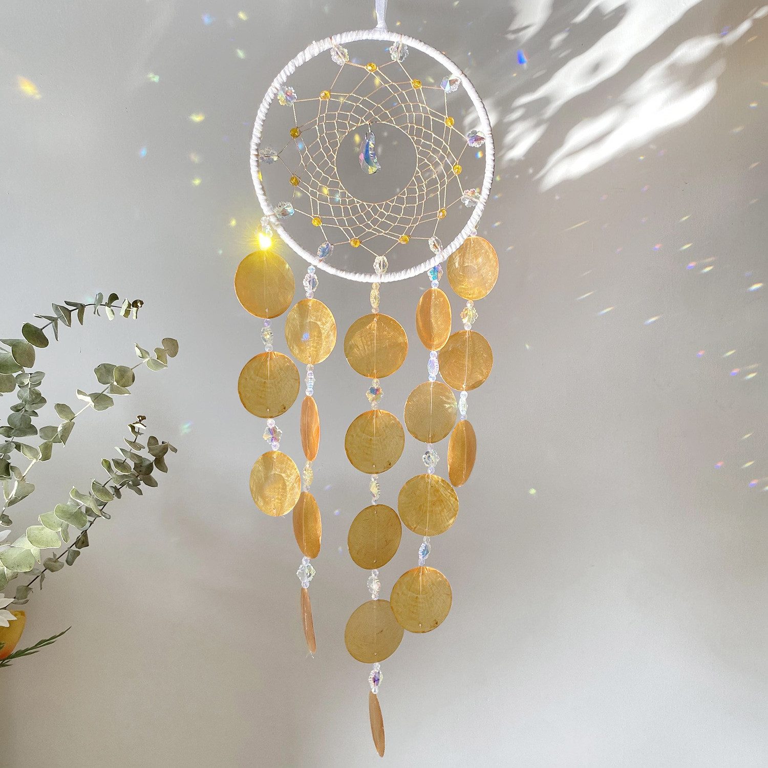 MOPUEA Windspiel Boho Hängender Traumfänger Vintage Kristall Windspiel Geode (Kristallperlen und Metallringen, 1 St., Vielseitig nutzbar für Wohnzimmer, Schlafzimmer, Balkon, Garten), mit eleganten Farben und dekorativen Elementen