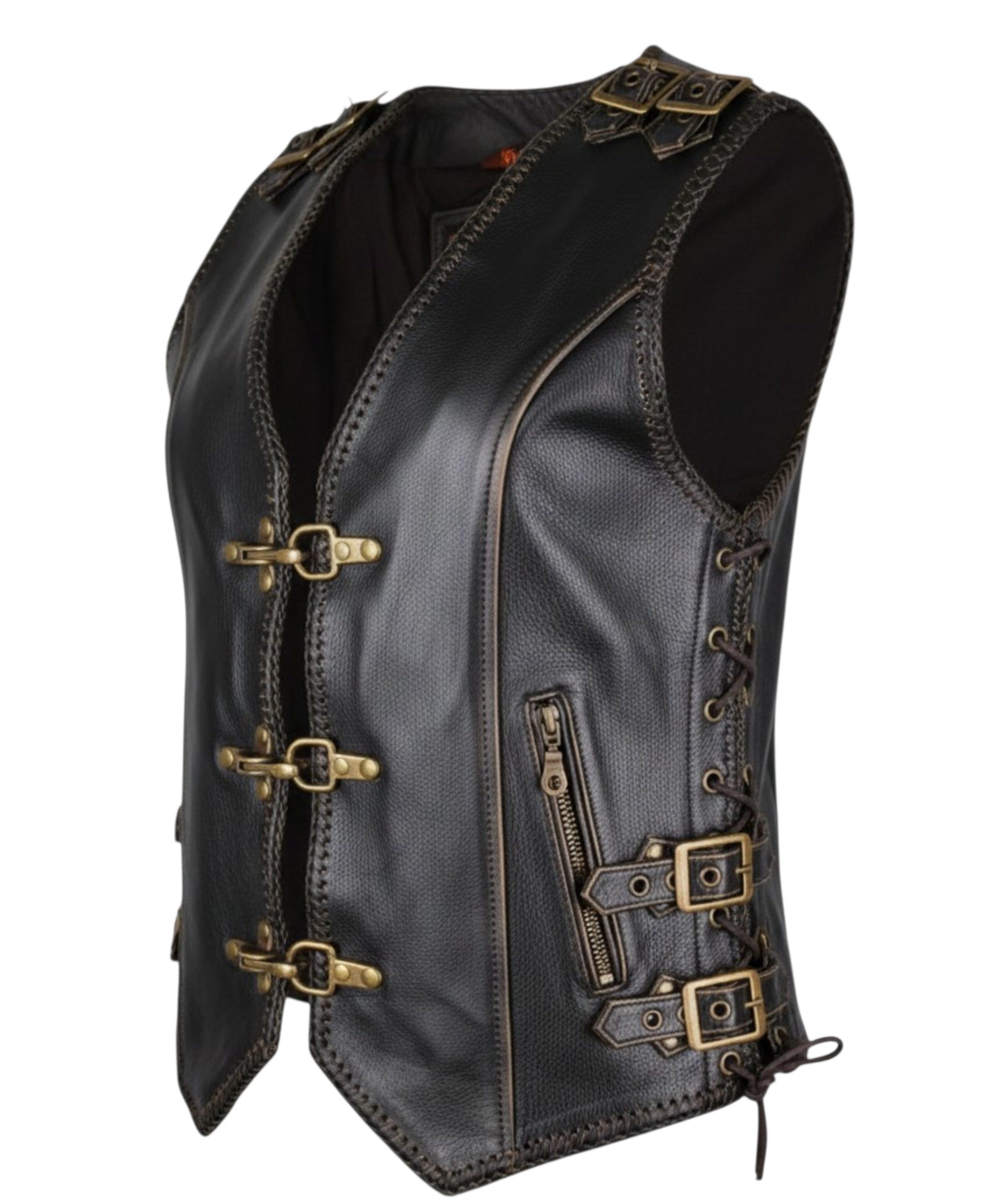 MDM Lederweste Schnallen Damen Lederweste Schwarz Braun Retro Look Bikerweste Damen Lederkutte mit Messing-Karabinern