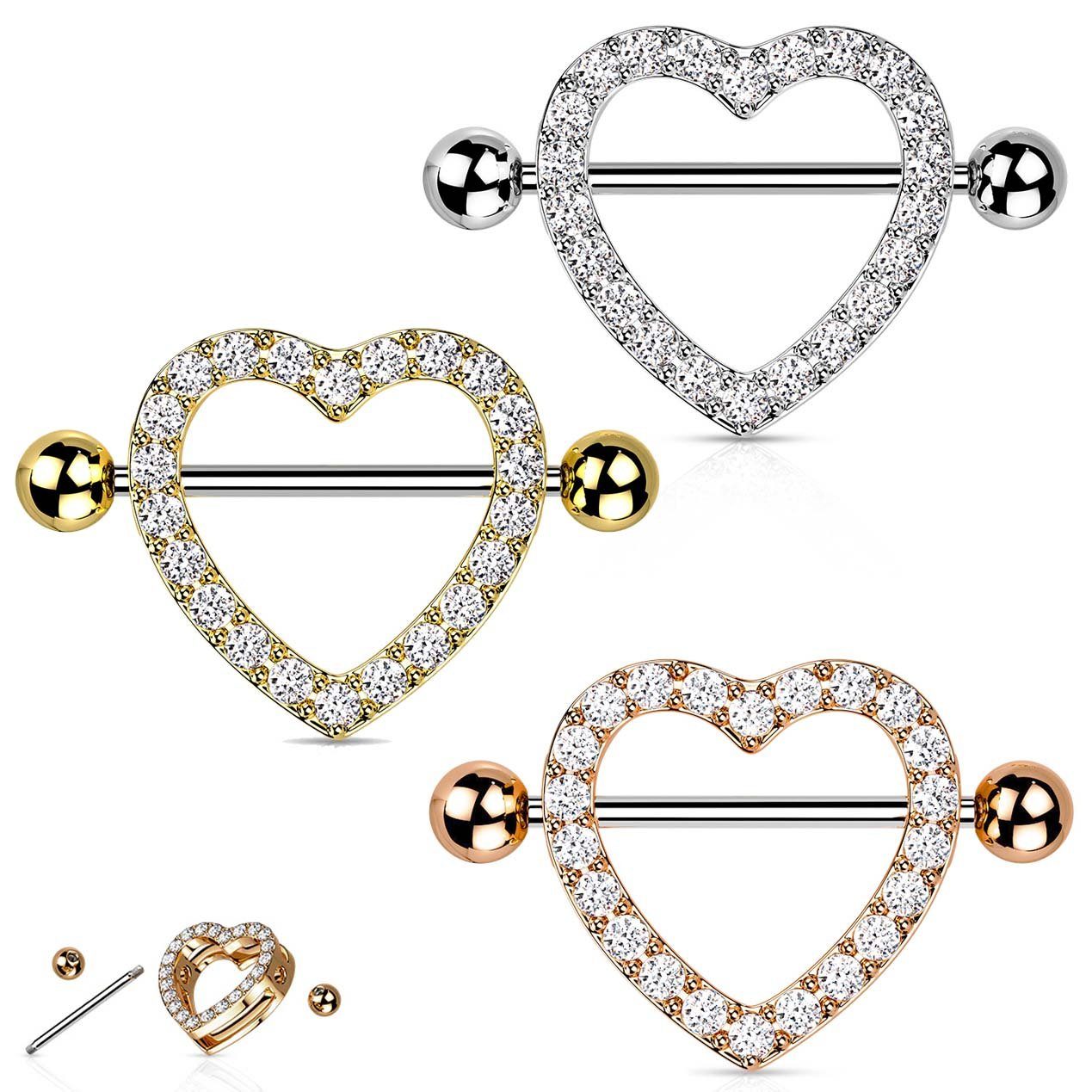 viva-adorno Brustwarzenpiercing Herz Zirkonia Nippelpiercing Brustpiercing, Barbell Kristall Steine