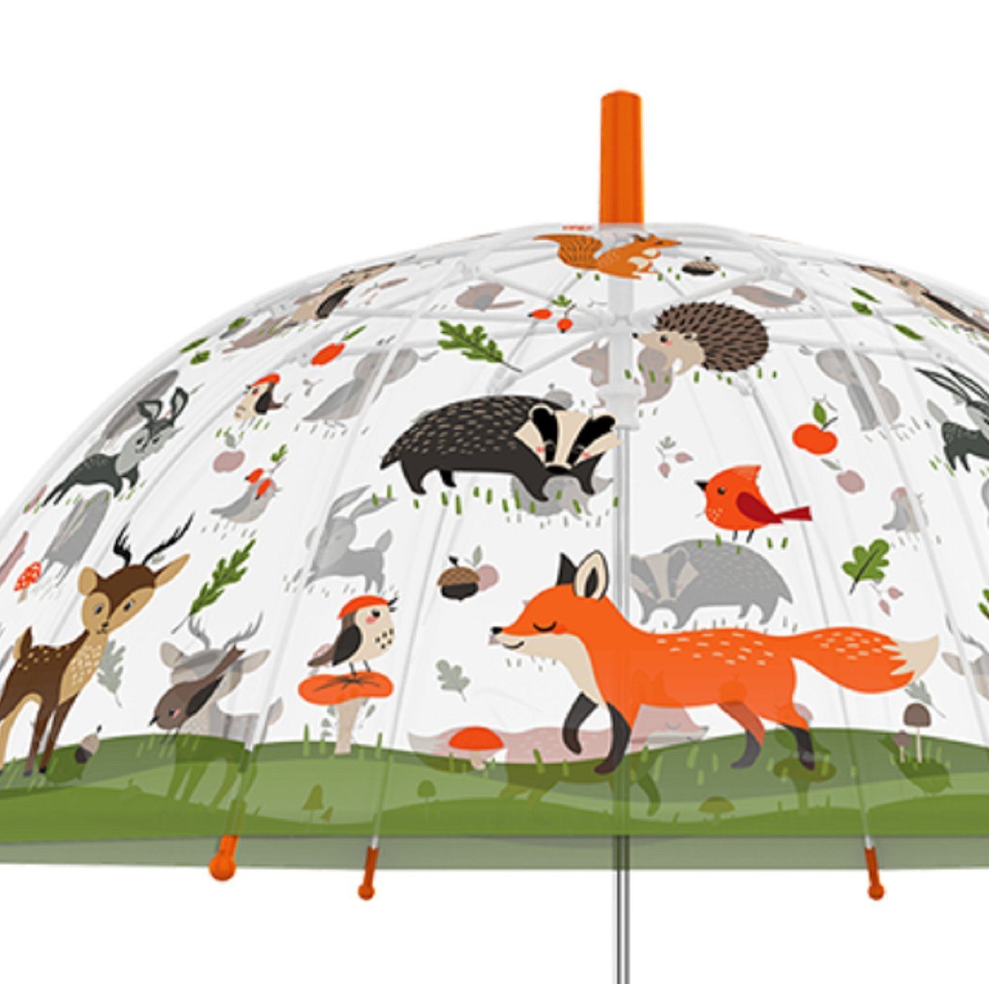 degawo Stockregenschirm Kinder Regenschirm transparent mit WALDTIEREN und orangem Griff