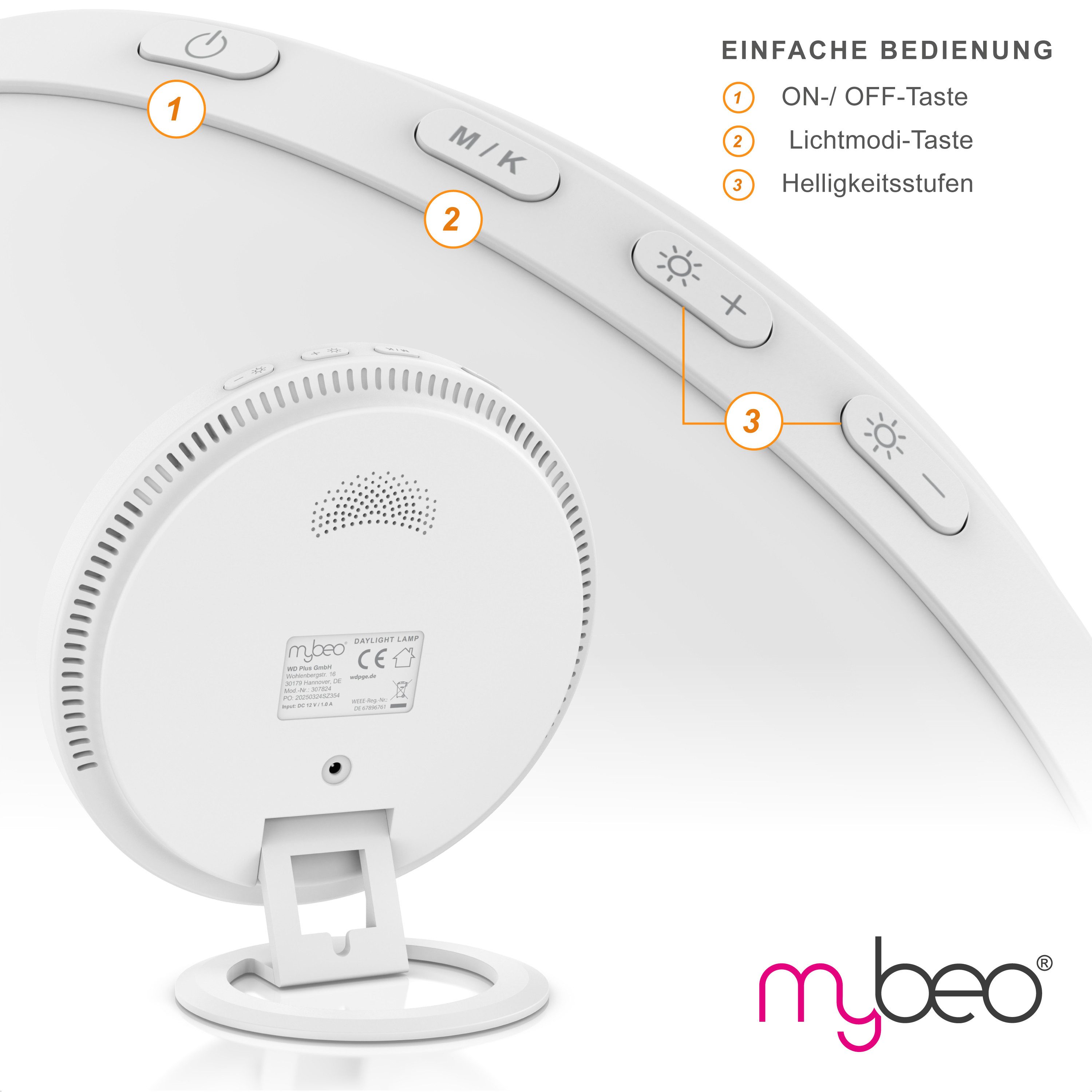 MyBeo Tageslichtlampe LED Lichttherapielampe, Tageslichtleuchte mit Standfuß, Lichtdusche, Dimmfunktion, verschiedene Lichtmodi, LED fest verbaut, Neutralweiß,  – Bild 4 von 5