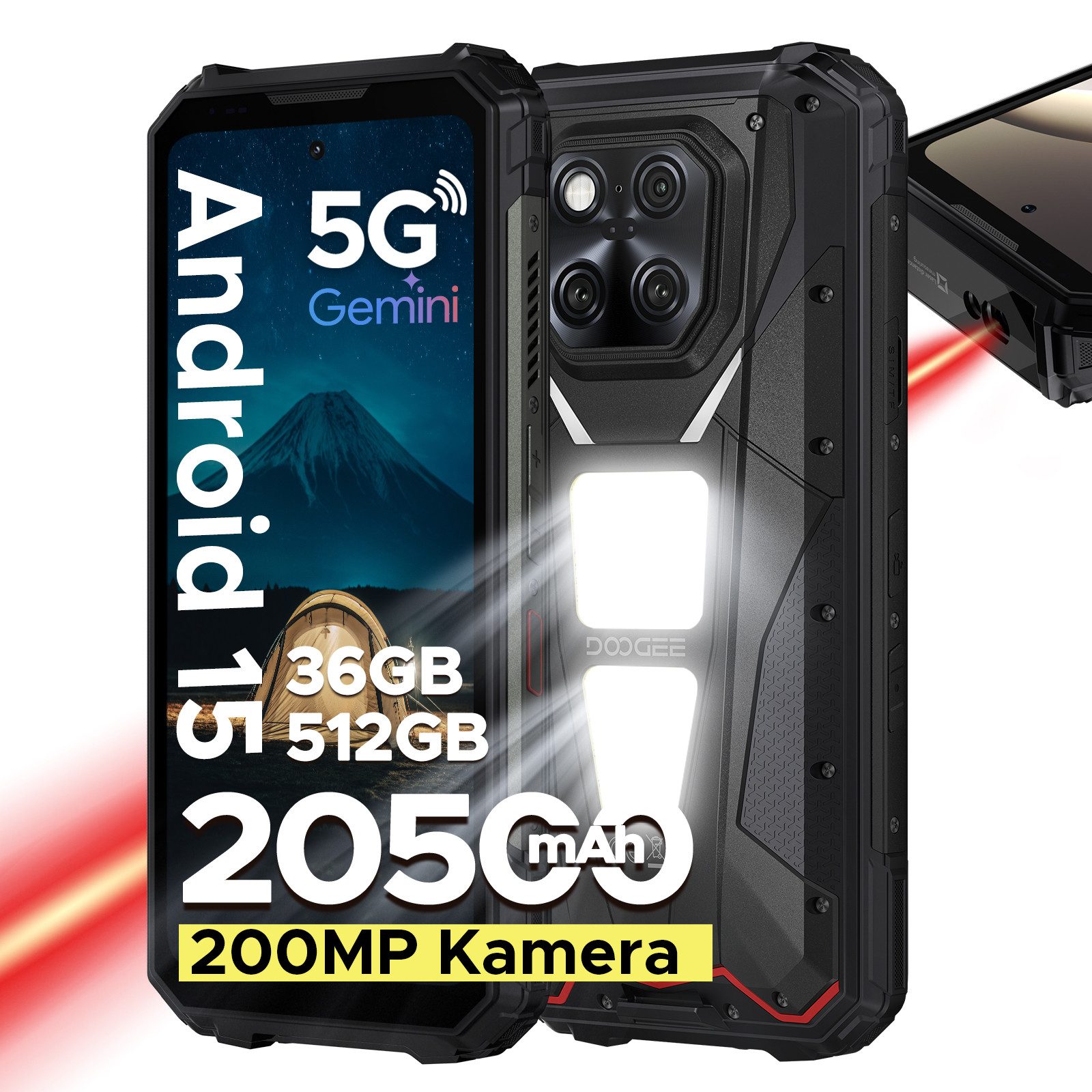 DOOGEE V Max LR 5G AI Outdoor Handy, 40m Laserdetektion, 512GB, 20500mAh/45W Smartphone (6.78 Zoll, 512 GB Speicherplatz, 200 MP Kamera, 1200LM Campinglampe, 120Hz, 200MP+32MP Kamera, NFC, WiFi6E, 3 Karten)