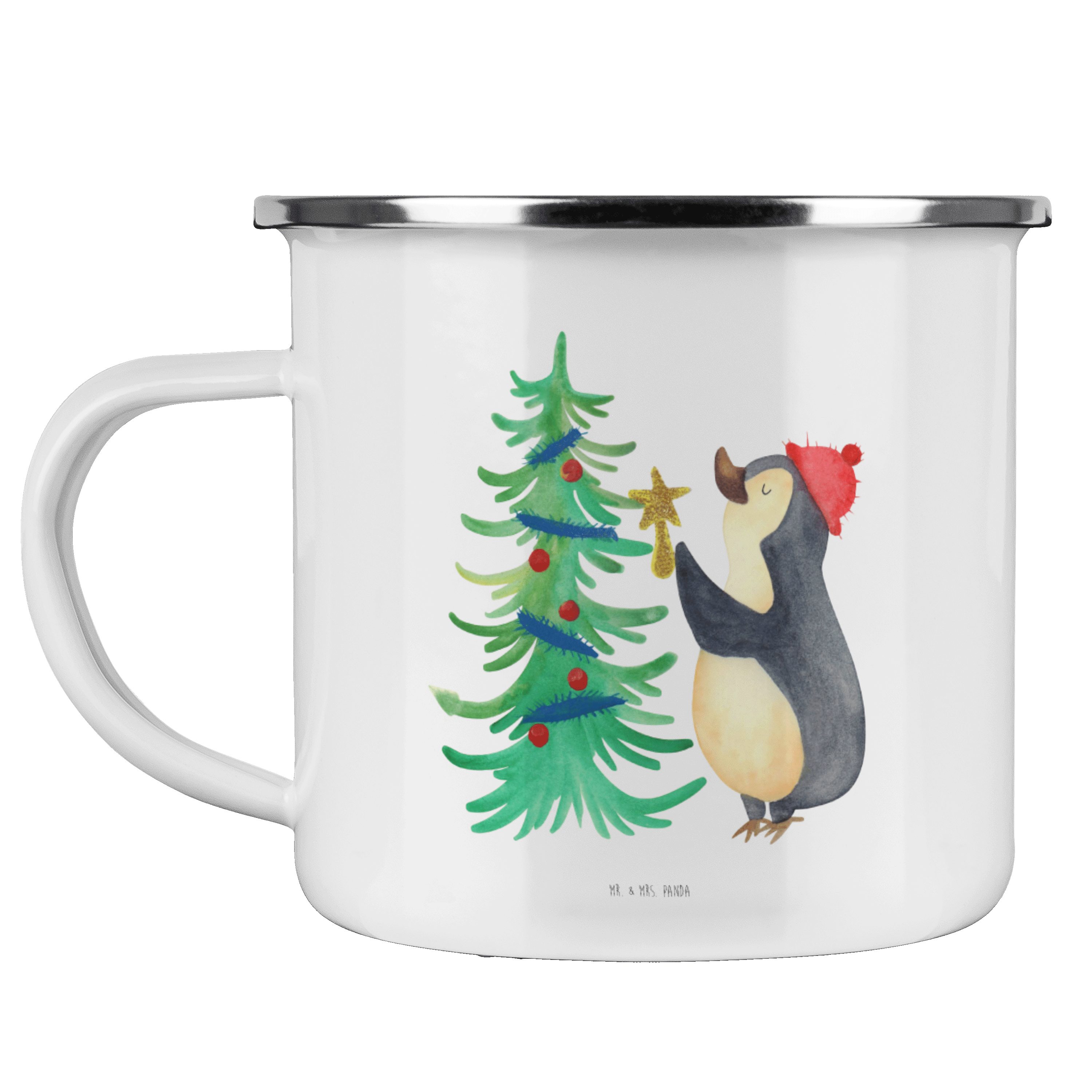 Mr. & Mrs. Panda Becher Pinguin Weihnachtsbaum - Weiß - Geschenk, Weihnachten, Camping Tasse, Emaille