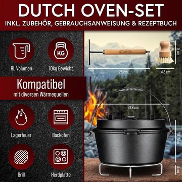 GUSSKÖNIG Grilltopf GUSSKÖNIG Dutch Oven Set [9L] - mit Untersetzer, Gusseisen (Planer Boden, 7-tlg., Gusseisen, Holz, Edelstahl)