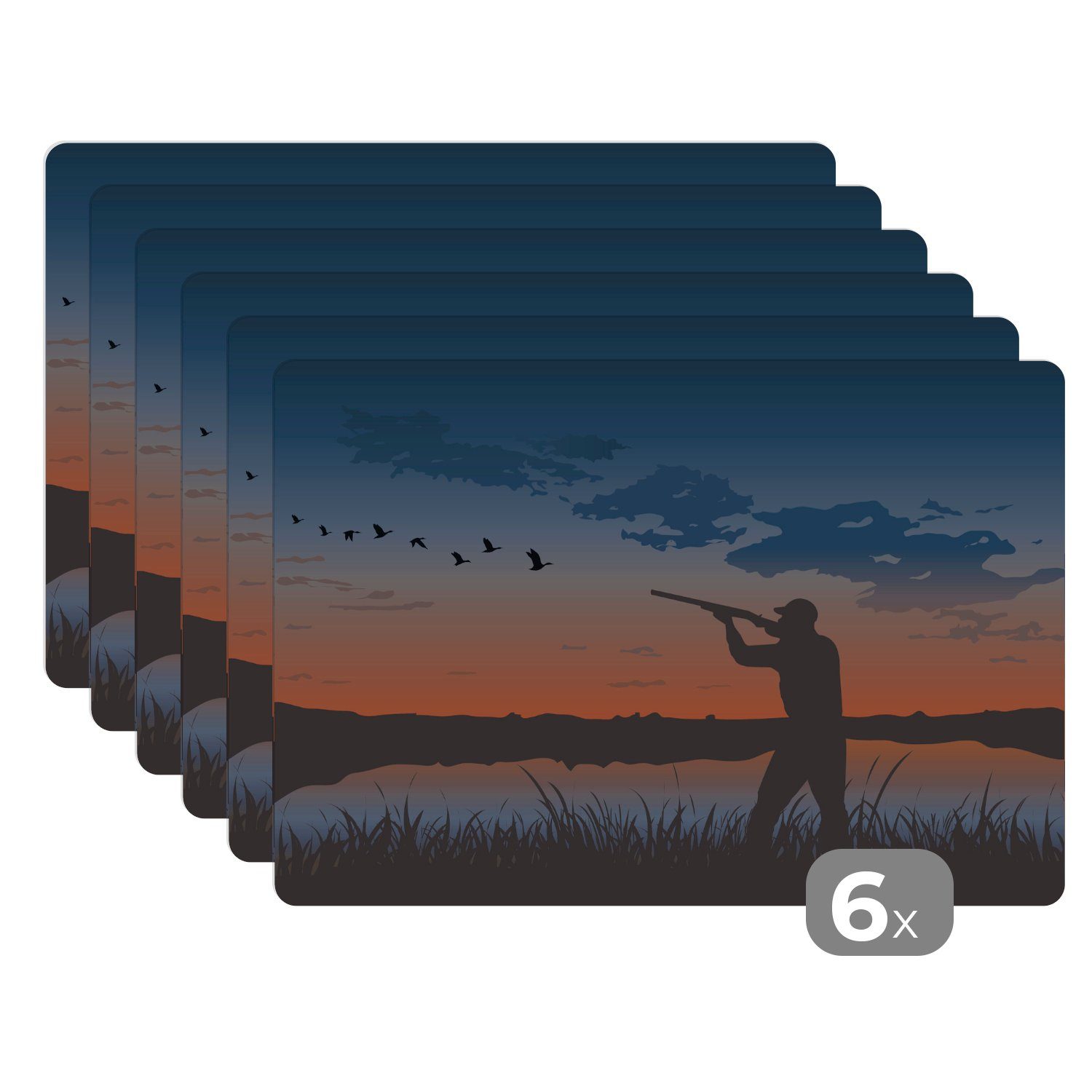 Platzset, Eine Illustration eines Entenjägers bei Sonnenuntergang, MuchoWow, (6-St), Platzset, Platzdecken, Platzmatte, Tischmatten, Schmutzabweisend