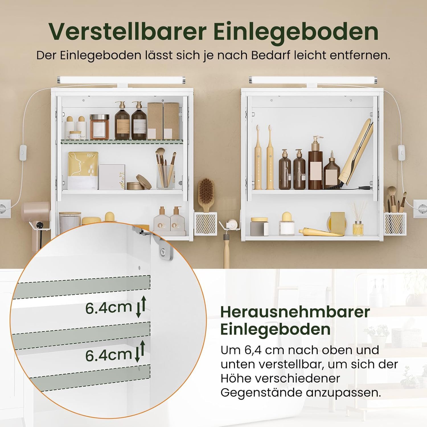 EUGAD Spiegelschrank (1-St) mit Beleuchtung hängend aus MDF Metall – Bild 5 von 5