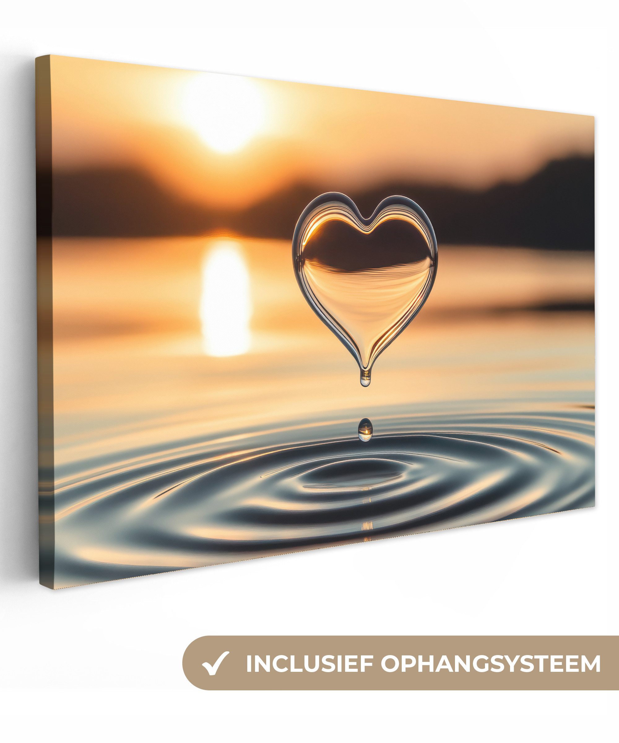 OneMillionCanvasses® Leinwandbild Herz - Wasser - Sonnenuntergang - Natur - Zen, Fotodruck (1 St), Leinwand Bilder Klein, Wand Dekoration Aesthetic 30x20 cm