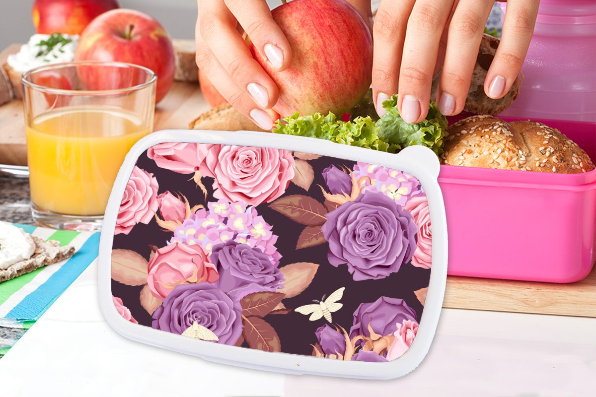 MuchoWow Lunchbox Kunststoff, - - Rosa, Brotdose für (2-tlg), Brotbox Erwachsene, Schmetterlinge Lila Kinder, Snackbox, Blumen Kunststoff - Mädchen