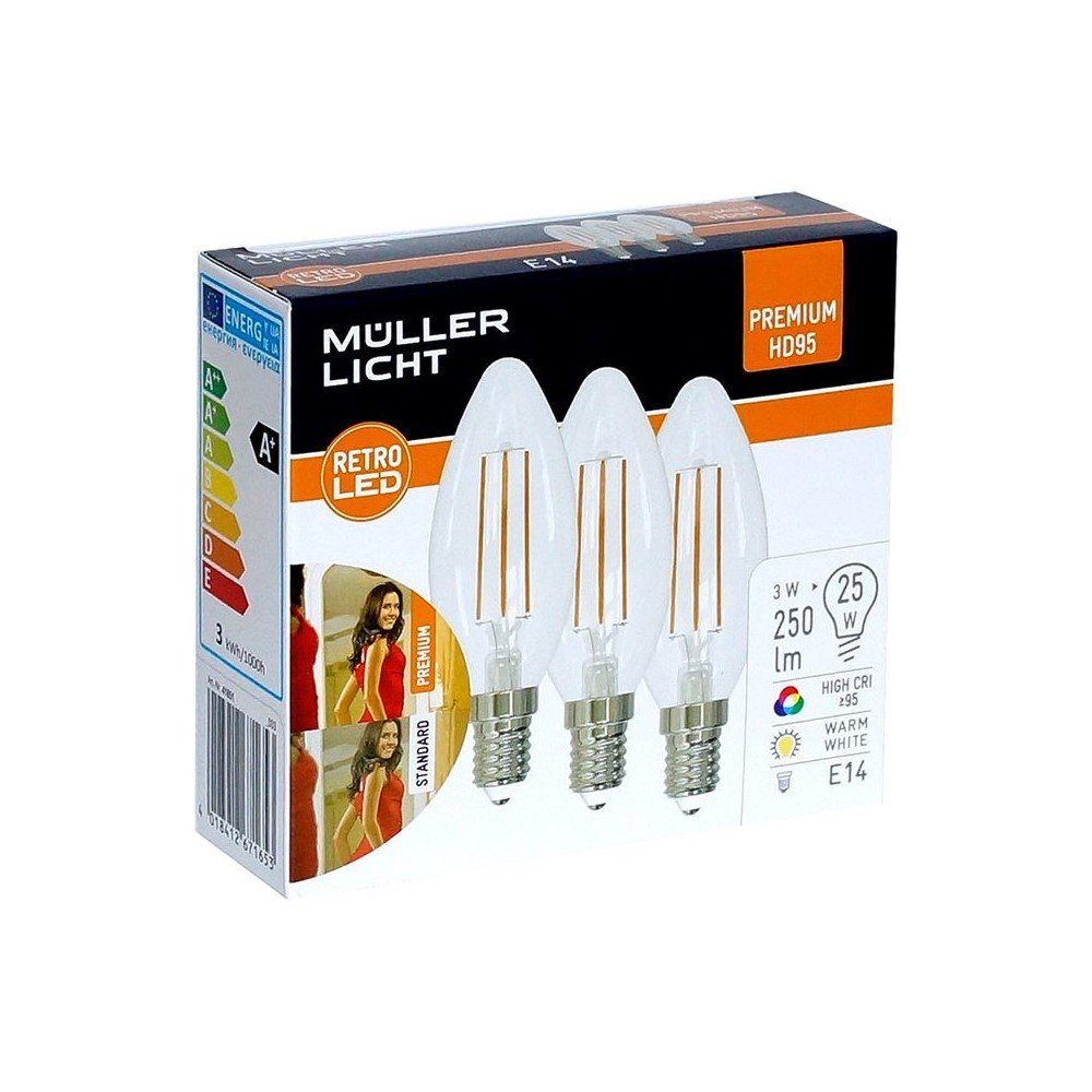 MÜLLER LICHT LED-Leuchtmittel 3x 2700K, Müller 250lm Kerze Warm LED Filament E14 Warmweiß E14, 3W=25W Licht C35