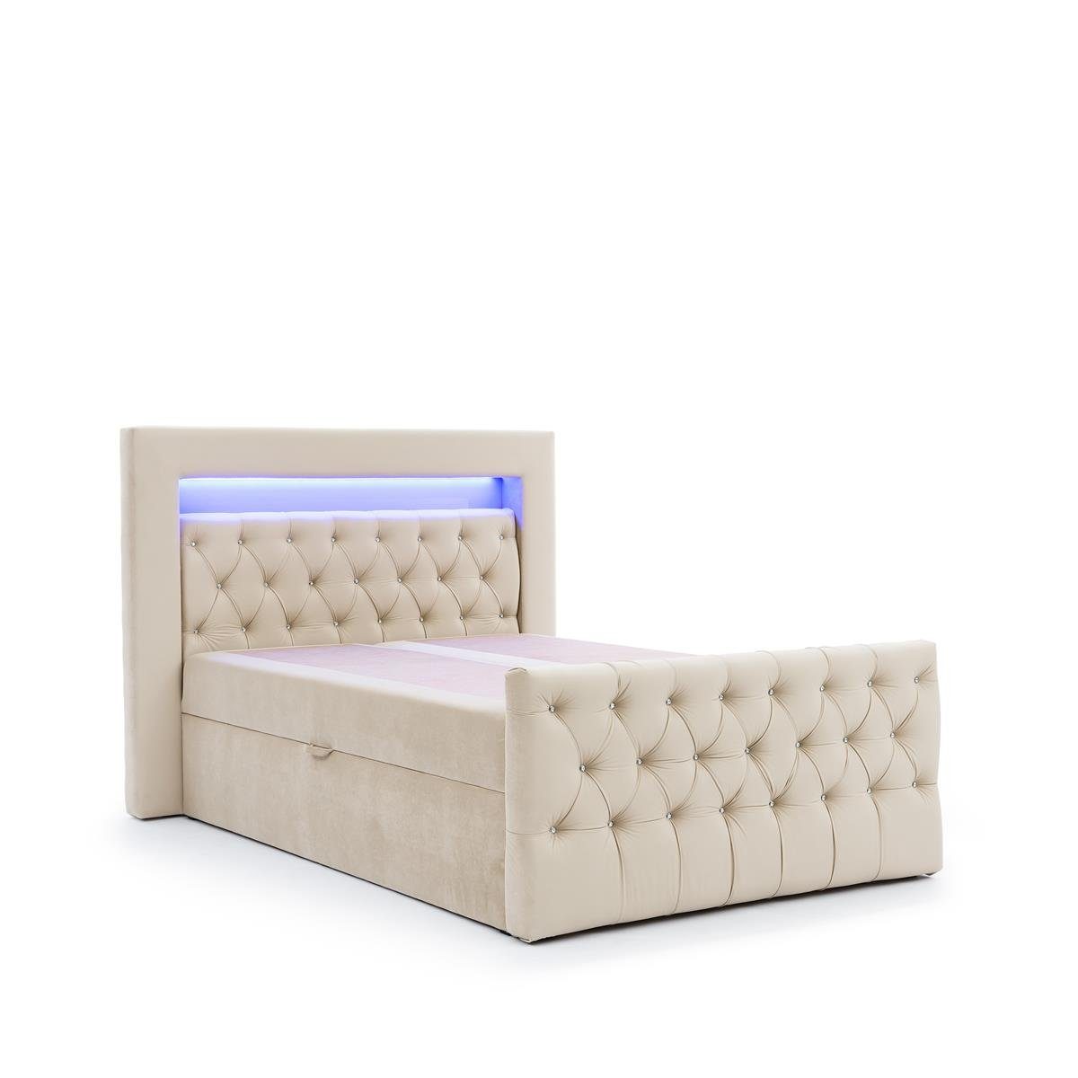 und Beautysofa mit LED motion beige die Bettkästenf zwei Hauptmatratze Polsterbett Singa mit Bettwäsche Topper, Boxspringbett (mit LED-Beleuchtung), (slow 10) ür