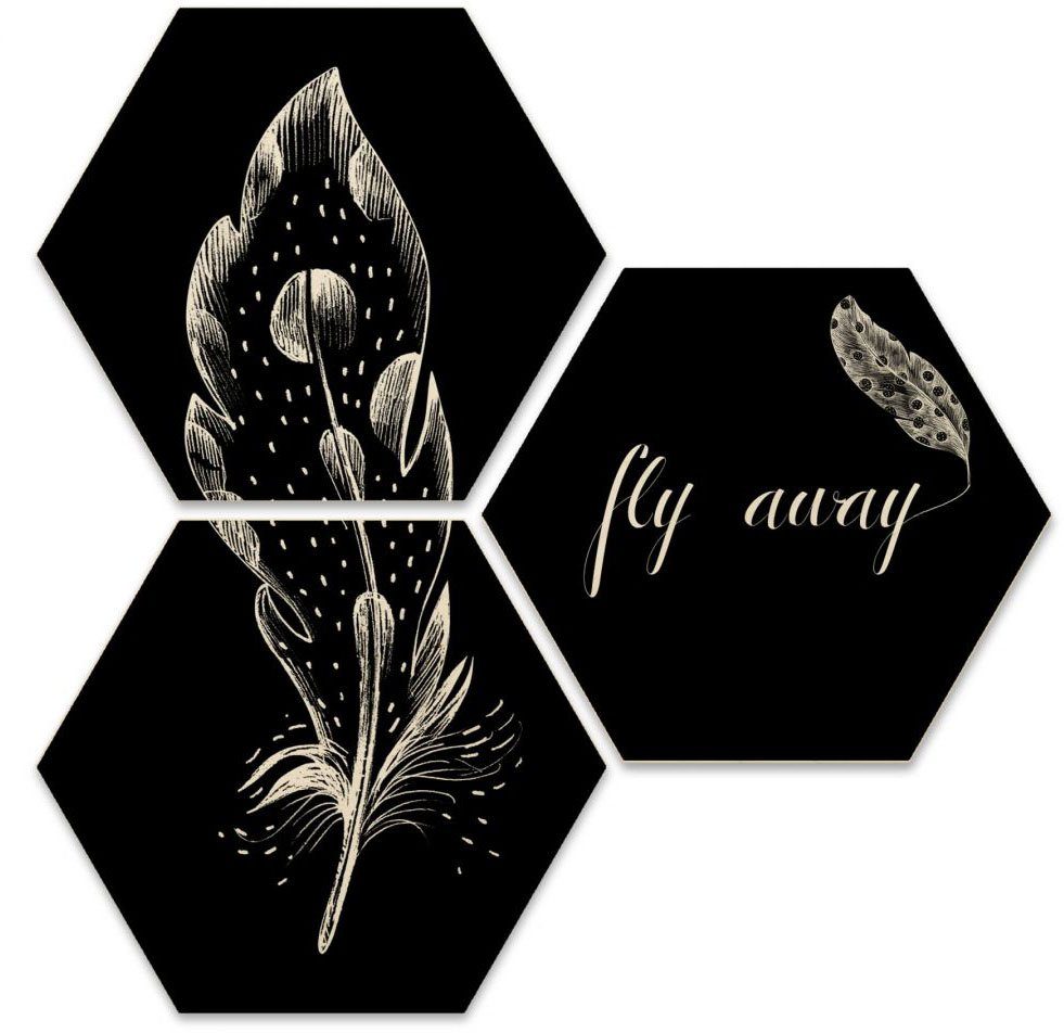 Wall-Art Mehrteilige Bilder Hexagon Set - Fly away Feder, (Set, 3 St) | Bilder