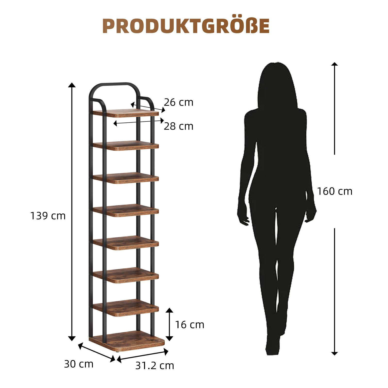 YOLEO Schuhregal Vertikales Schuhregal schmal Metall Platzsparend Vintagebraun-Schwarz, 8 Ebenen
