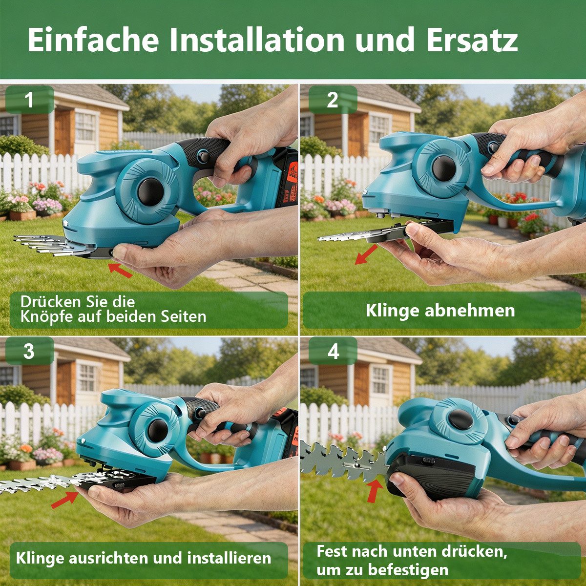 AeroAxis Akku-Heckenschere 2-in-1 Akku-Grasschere &Strauchschere mit 2000mah Batterien &Ladegerät, (Set), Gartengeräte, Astschere Grasschere für Hof, Garten und – Bild 4 von 5