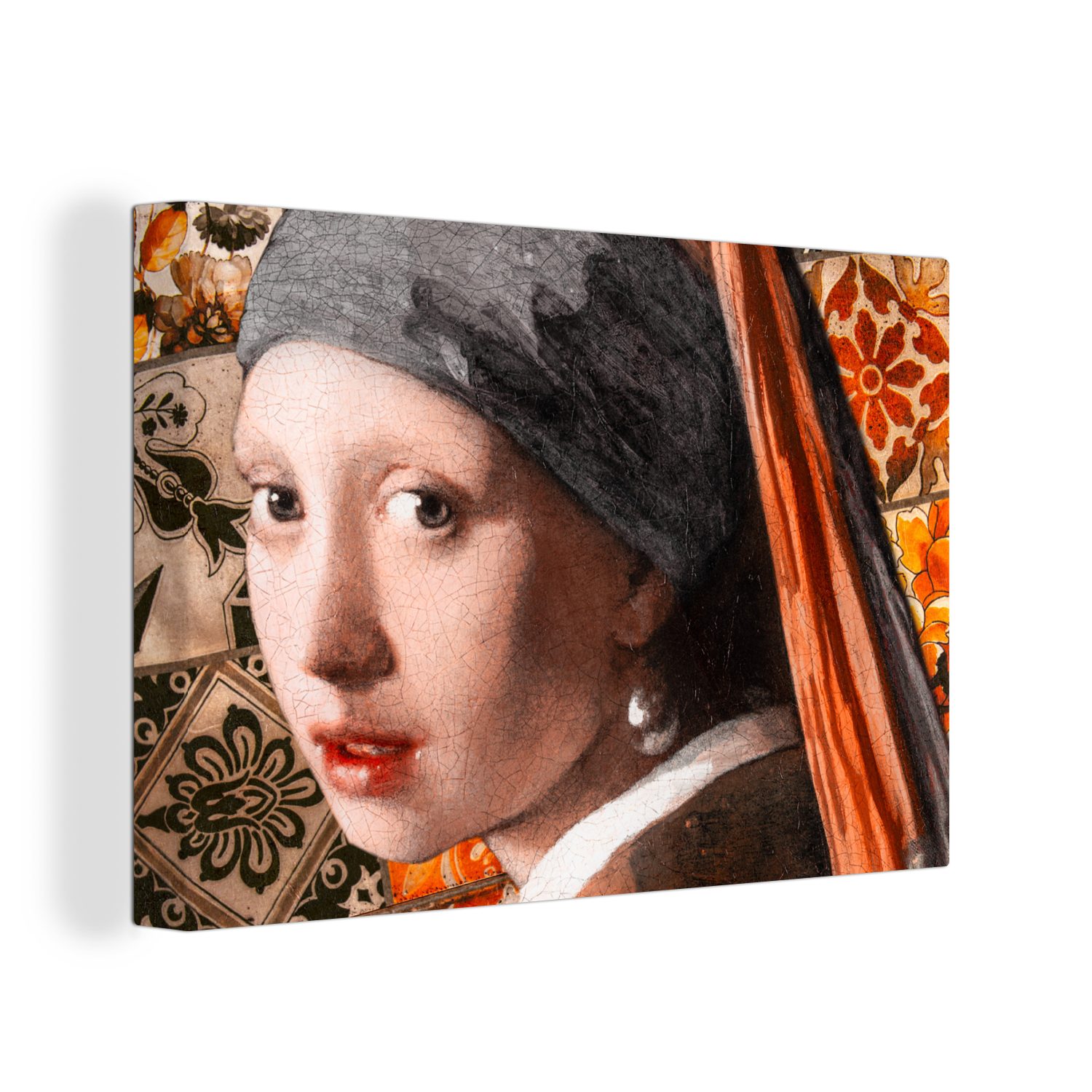 OneMillionCanvasses® Gemälde Das Mädchen mit dem Perlenohrring - Vermeer - Collage, (1 St), Wandbild Leinwandbilder, Aufhängefertig, Wanddeko, 30x20 cm