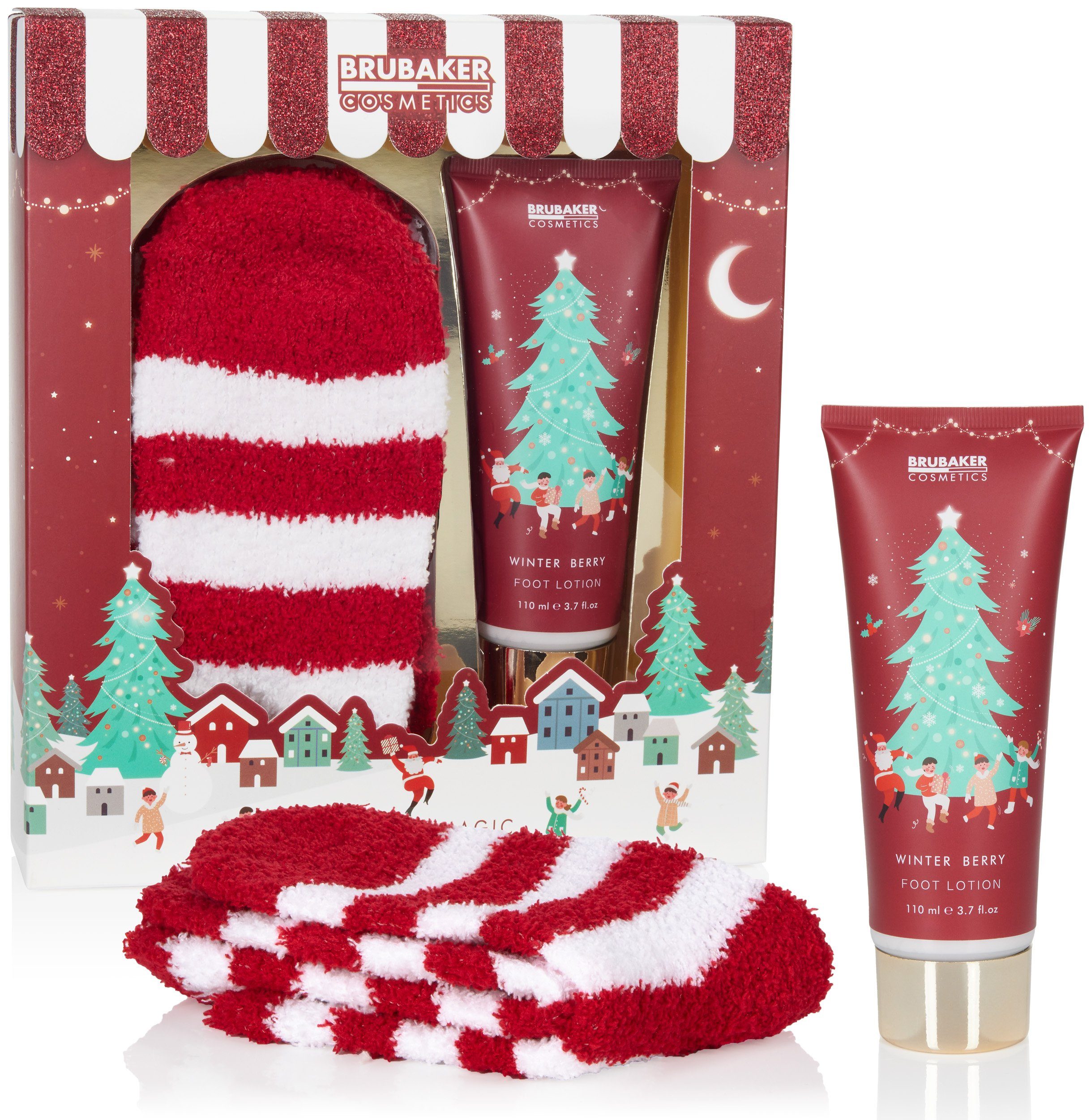 BRUBAKER Hautreinigungs-Set Dusch- und Badeset Weihnachten, 2-tlg., Frauen Geschenkset mit Plüsch Socken, Beauty Wellness Set, Pflegeset für Damen und Mädchen, Rot