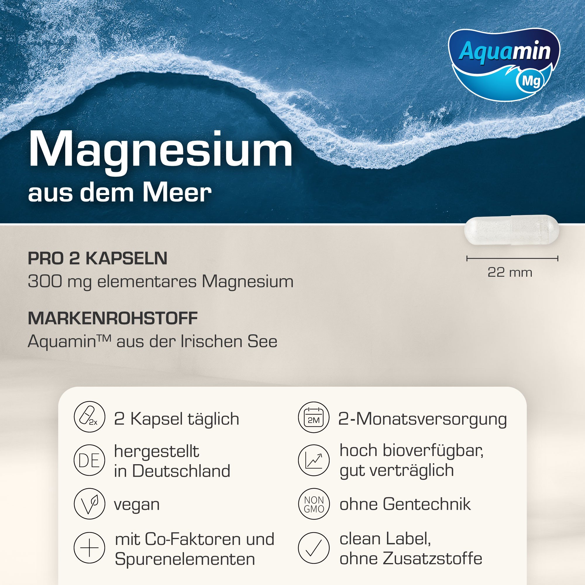 Purabyo Magnesium, natürlich aus Meerwasser, Aquamin Rohstoff Irland, im Glas Kapseln, 1 er 120 St., 67.6 g