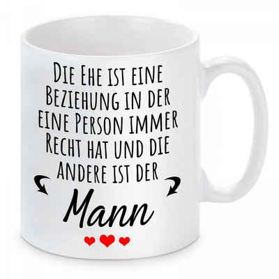 Herzbotschaft Tasse Kaffeebecher mit Motiv Die Ehe ist eine Beziehung, Keramik, Kaffeetasse spülmaschinenfest und mikrowellengeeignet