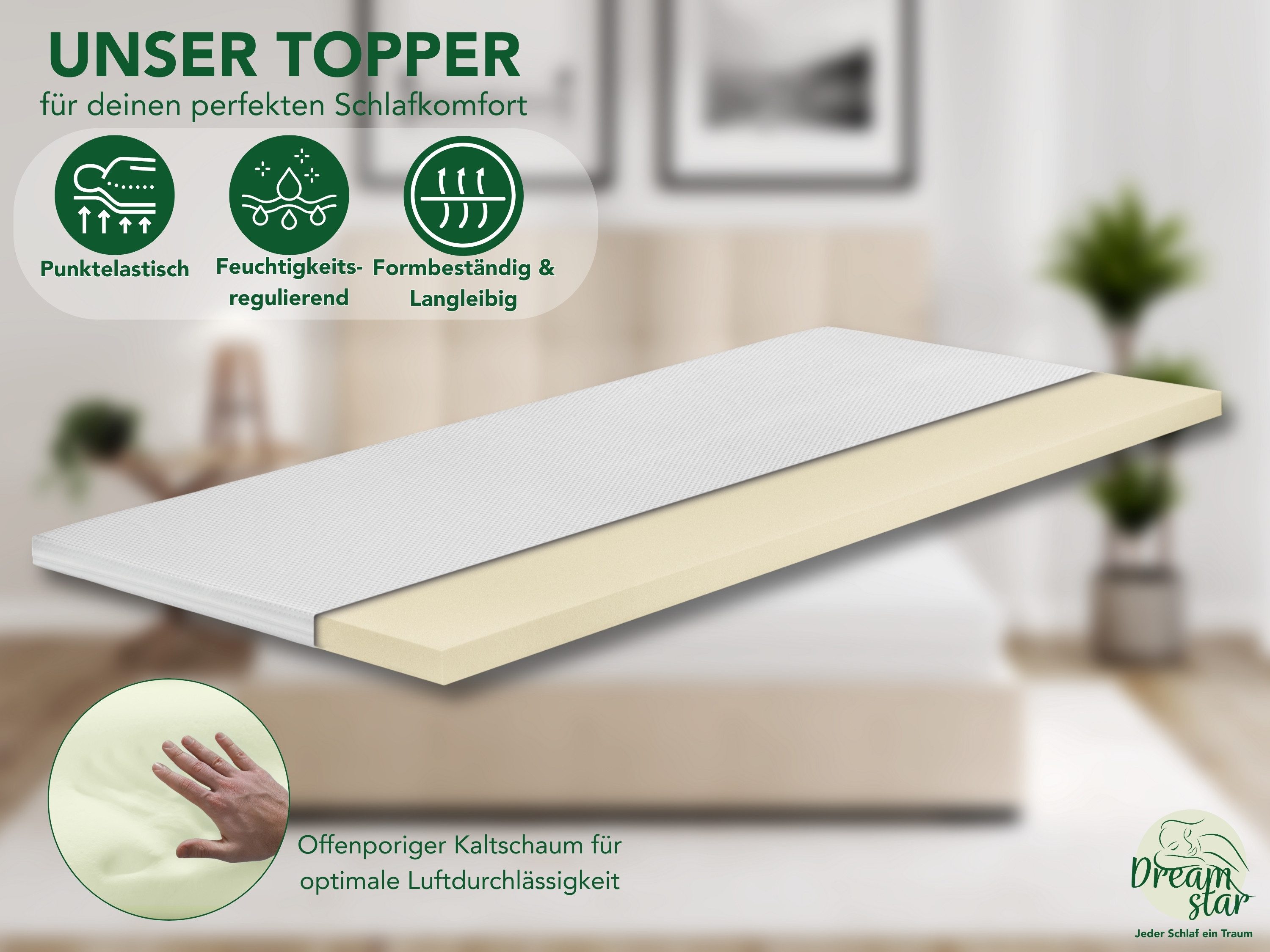 Dreamstar, Topper Easy Dream, ergonomischer Matratzentopper, Kaltschaum - H2/H3/H4/H5, 5 cm hoch, Kaltschaum, rutschfest, Bezug waschbar - für Matratzen und Boxspringbetten