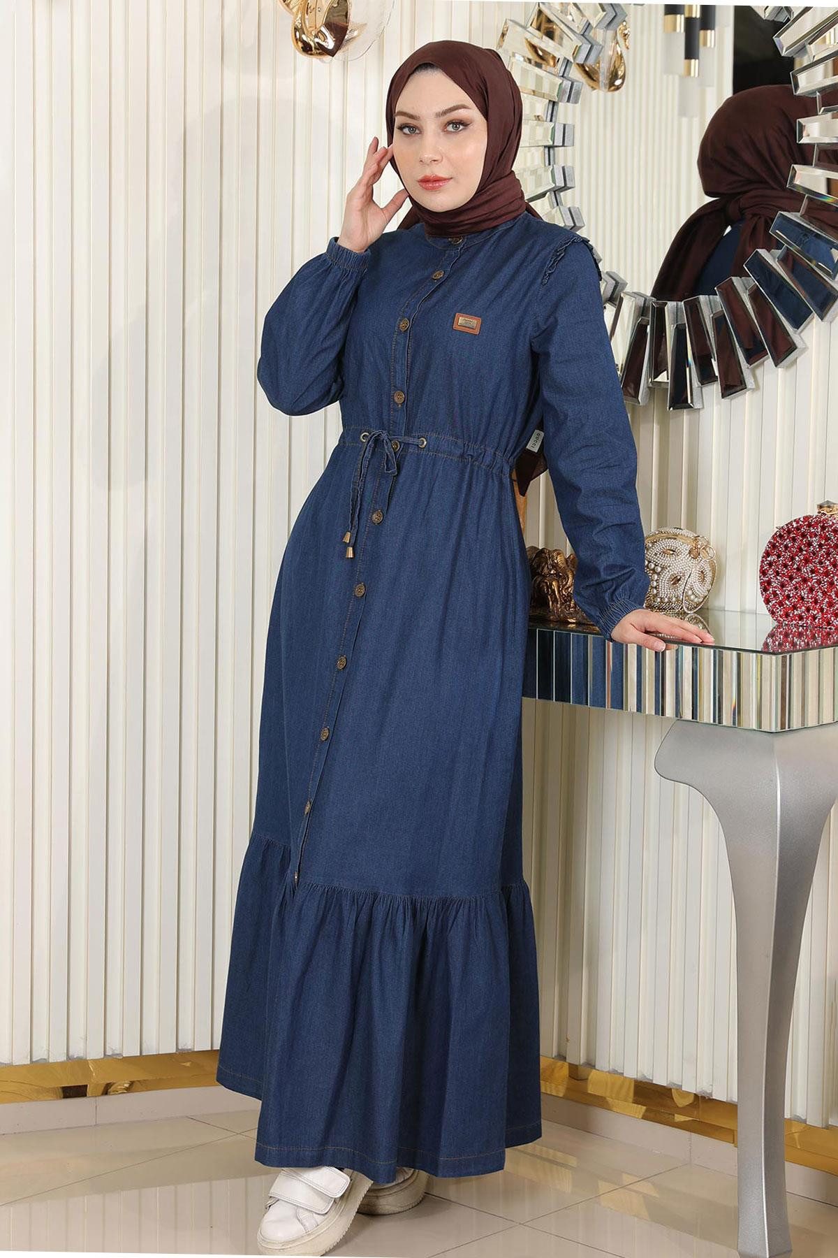 MODAMİHRAM Maxikleid Geknöpftes Jeanskleid mit Spitzentaille