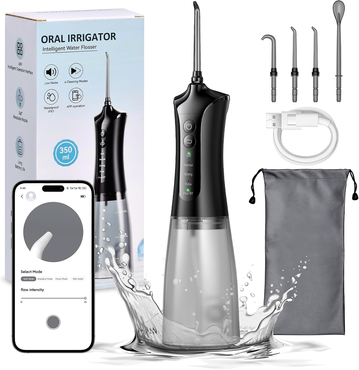 Vivitar Munddusche mit 4 Düsen & 5 Modi, 350 ml Wassertank, IPX7 Wasserdicht, USB-C Wiederaufladbar, Tragbare Elektrische Zahnseide