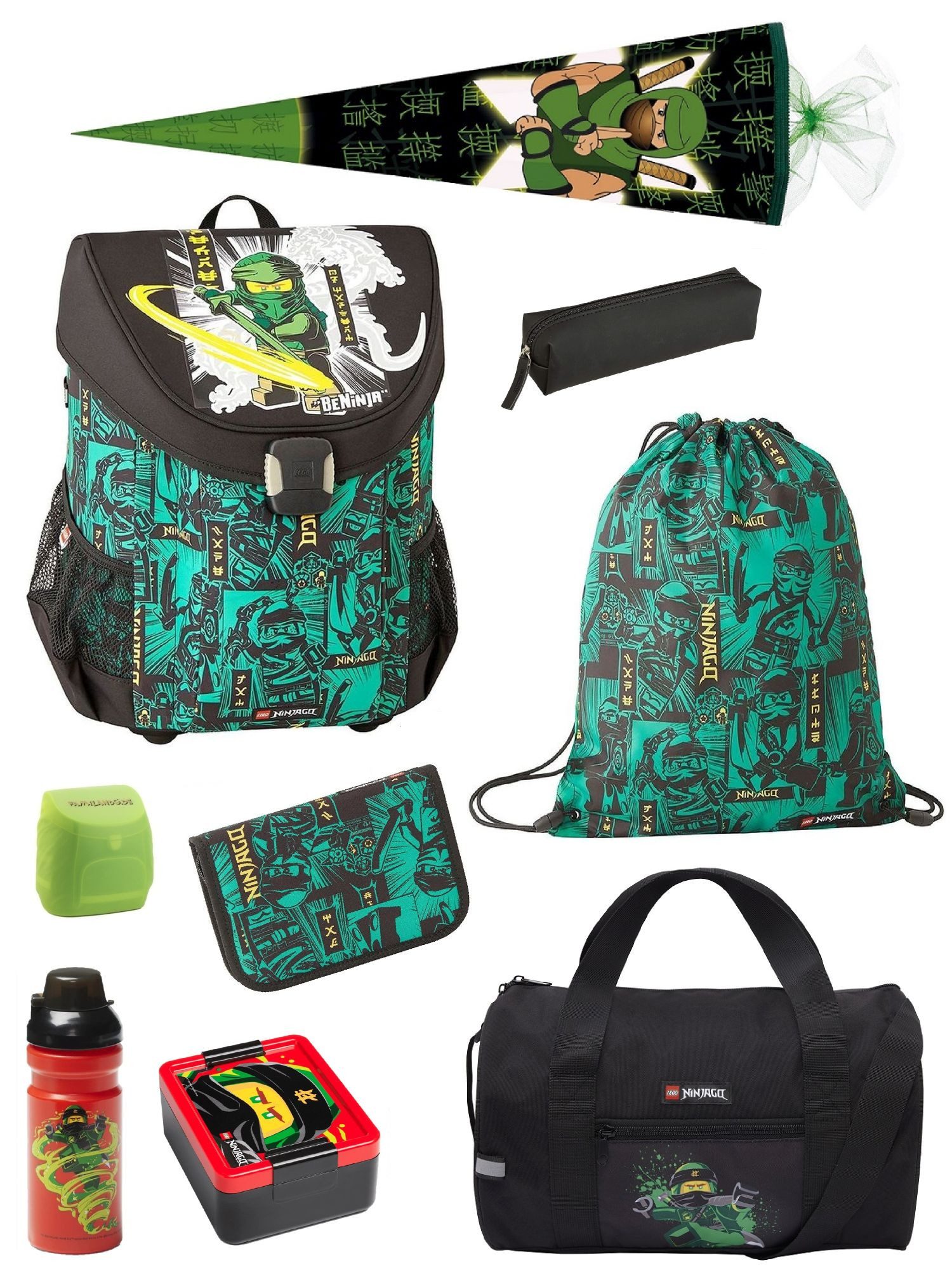 LEGO® Bags Schulranzen Lego Ninjago Schultasche Easy Green ab der 1. Klasse (Set, 9-tlg., inkl. Lunch-Set, Sporttasche und Schultüte 85cm), ergonomisch; 790 Gramm leicht; mit Brustgurt; Ninja Lloyd