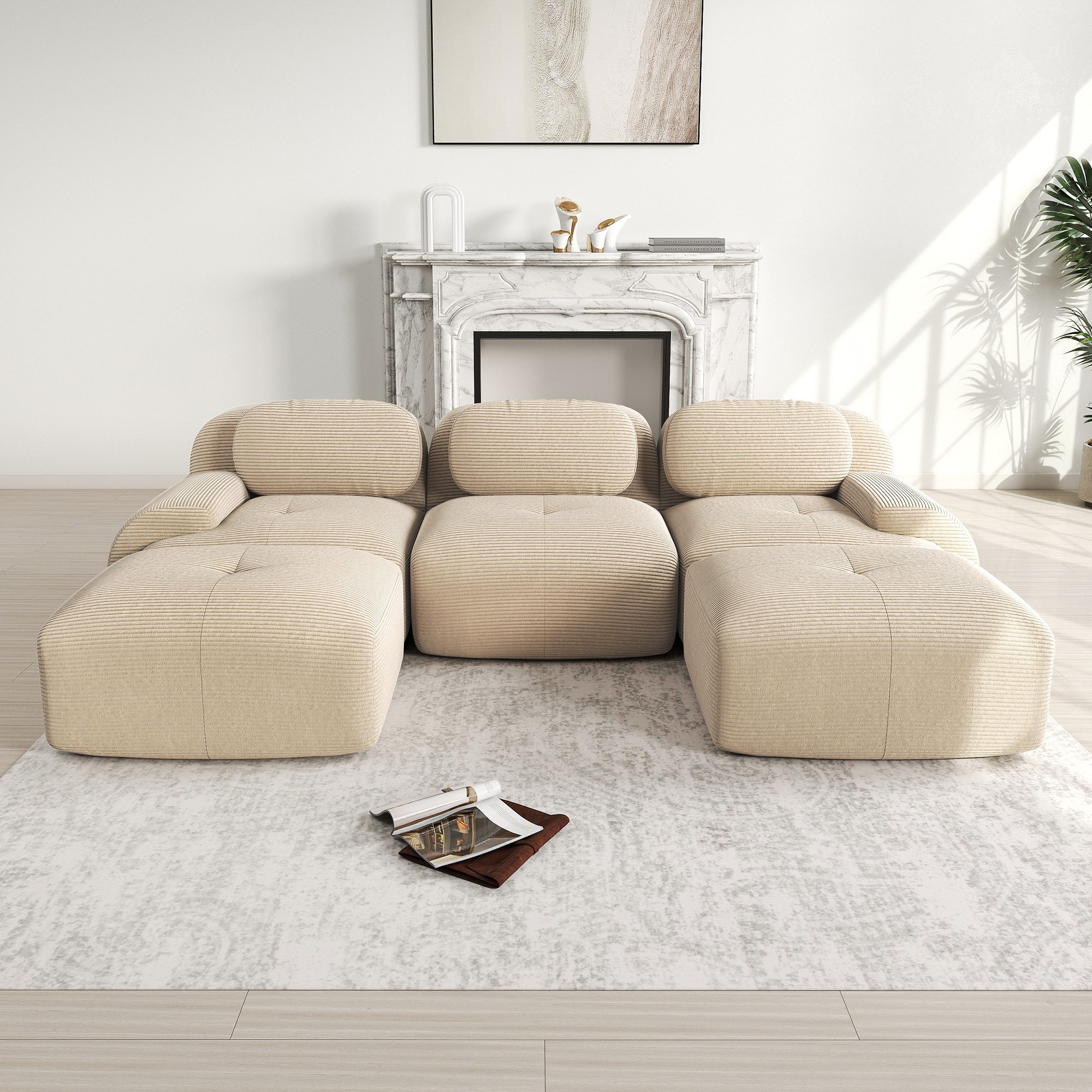 Leawin Sofa Modulares Cord-U-Sofa – 3-Sitzer, ergonomisch & rutschfest, Montagefrei, premium Cordstoff, hoher Sitzkomfort & langlebig