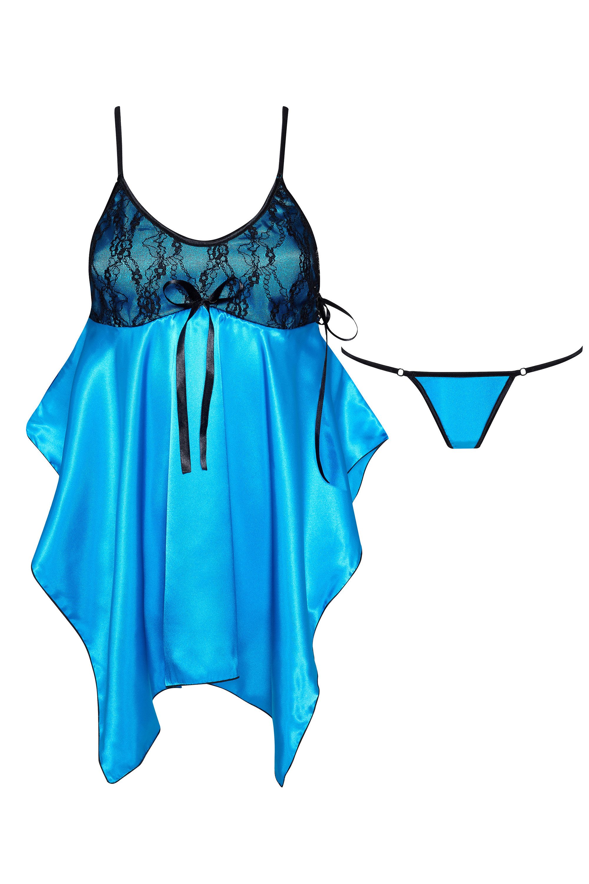 Beauty Night Fashion Negligé Negligee Julieta türkis-schwarz aus Satin mit (2-tlg)