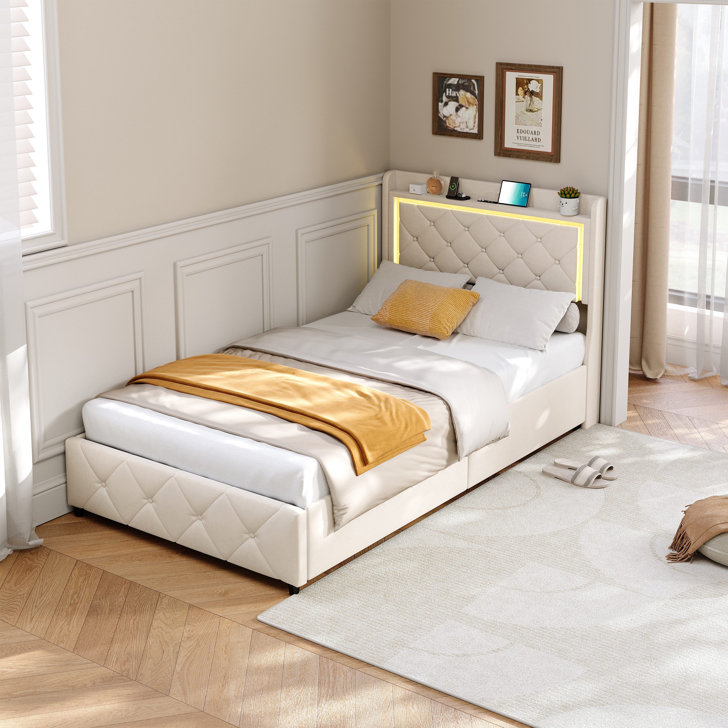 Simurq Polsterbett Einzelbett 90x200 mit 2 Schubladen, Jugendbett, Gästebett, Bettgestell, Mit LED und Ladeanschluss, Mit Lattenrost – Bild 4 von 5