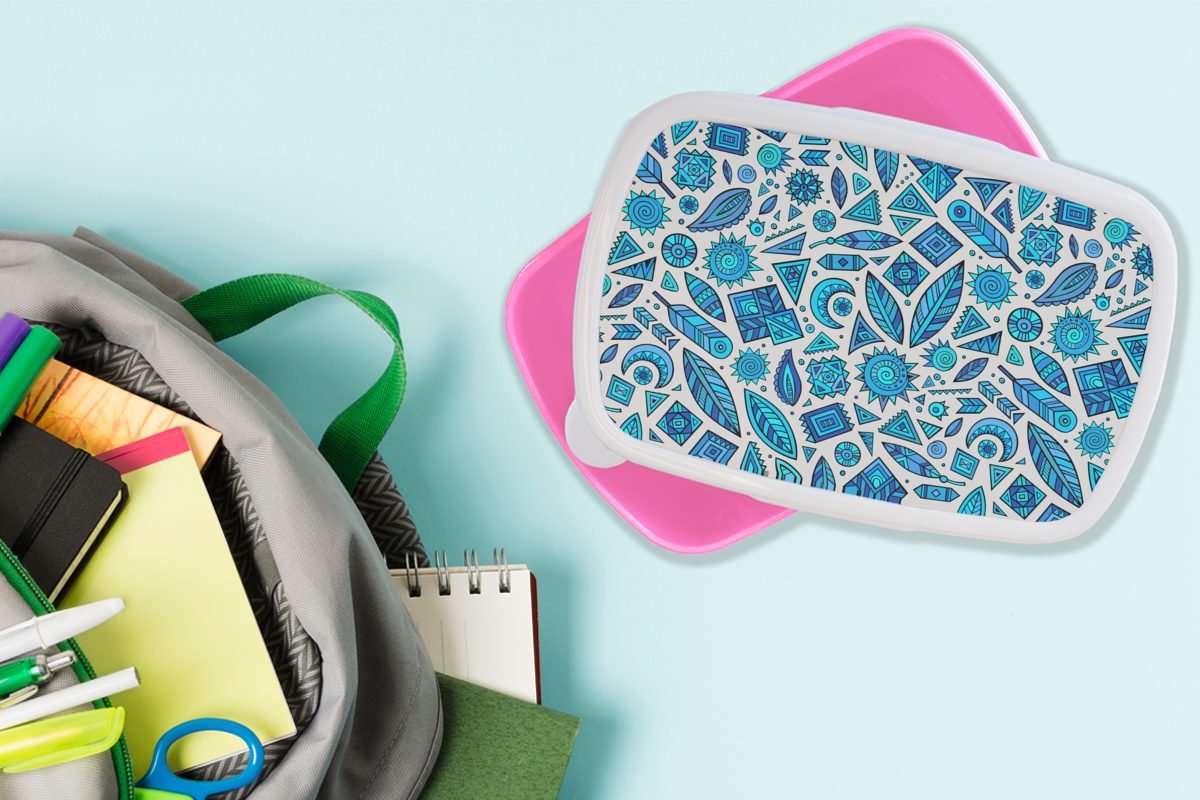 Kunststoff Brotdose Blau Federn rosa - Mond, Lunchbox - Brotbox Mädchen, Kinder, für Erwachsene, Snackbox, (2-tlg), Muster Kunststoff, MuchoWow -